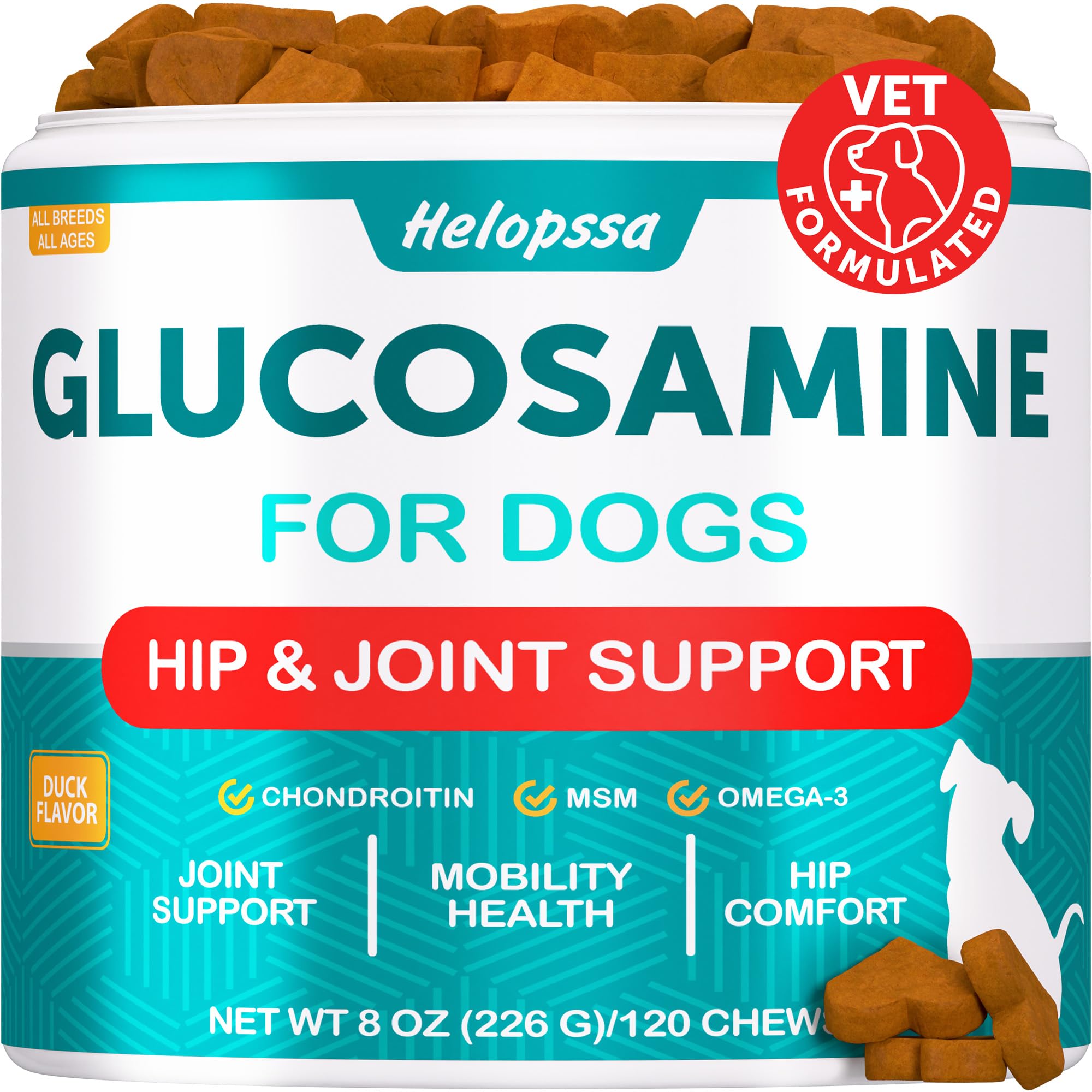 Glucosamine for Dogs - 30,000 mg per Pack - w/Omega-3 Fish Oil, Chondroitin, MSM - Dog Glucosamine Chews - Hip and Joint Supplement for Mobility, Cartilage Health - Ideal for Senior Dogs - 120 Treats