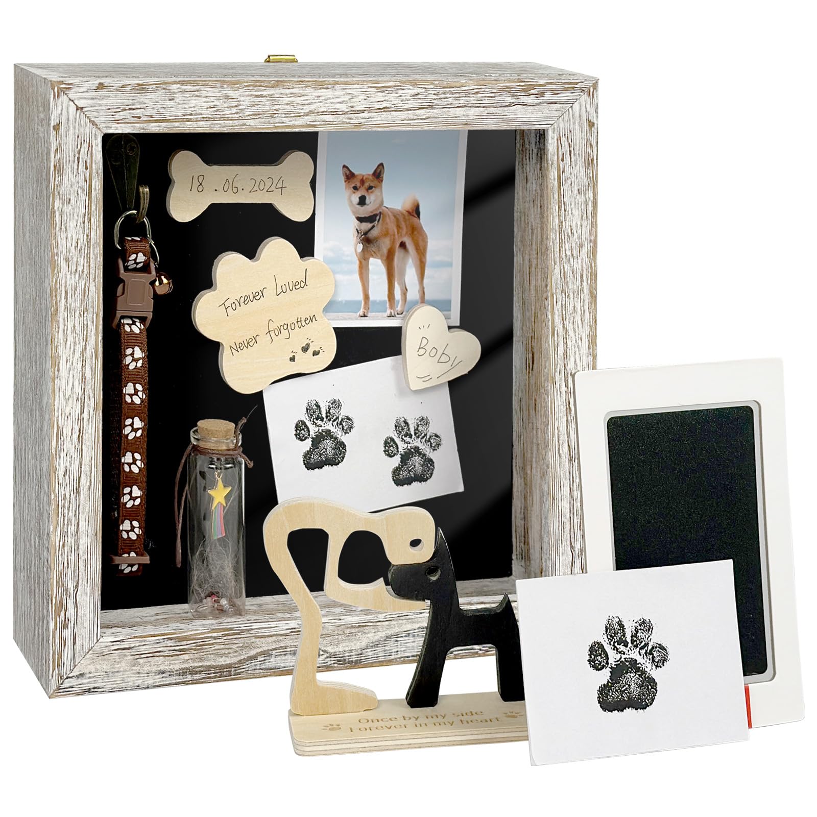 Photo 1 of Dog Memorial Shadow Box Gift Pet Memory Display Case Wooden Picture Frame Pet Paw Ink Kit Glass Fur Jar Pets Keepsake Holder for Passed Away Dogs Cats idea Gifts for Pet Lover (White Dog Frame)