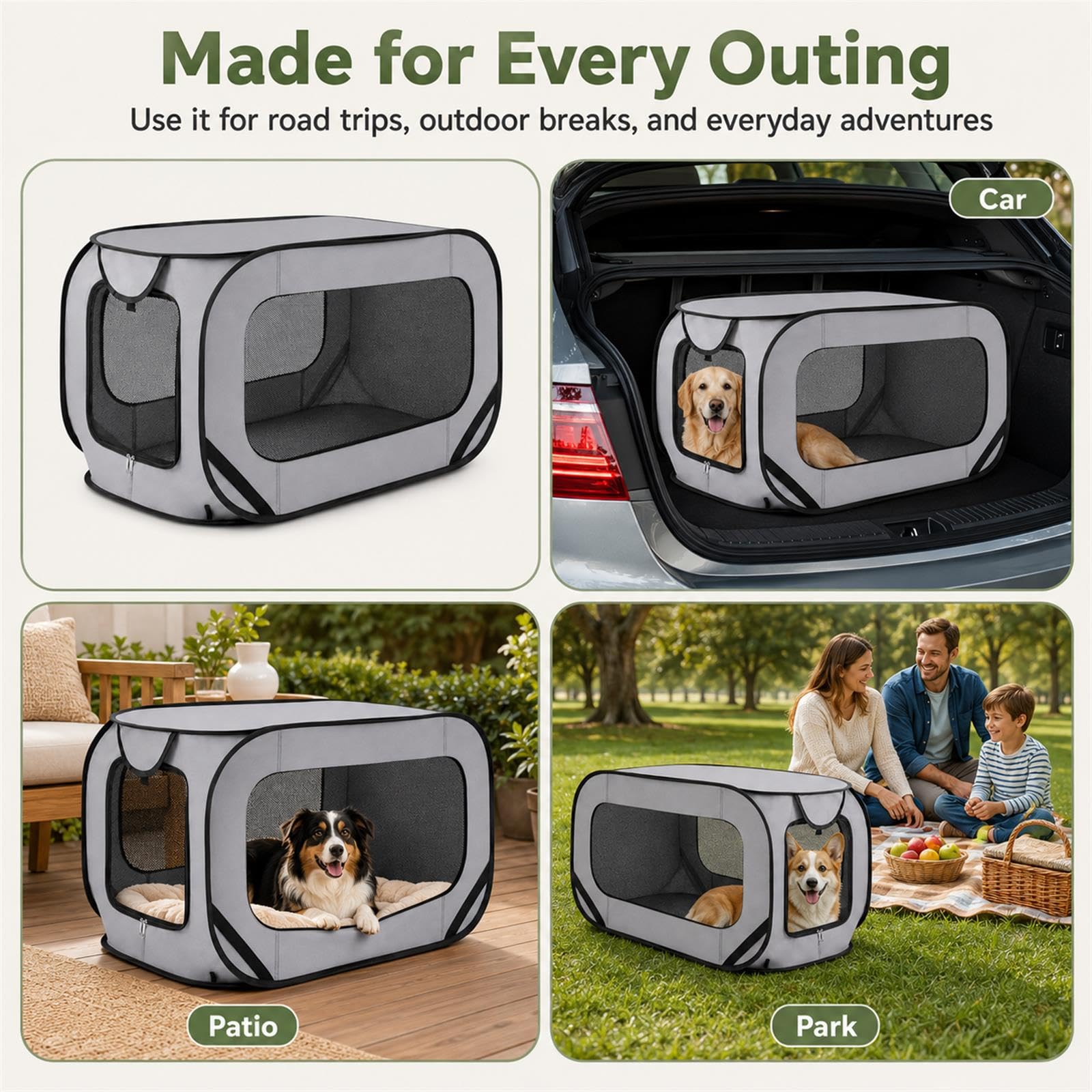 GOOGO Faltbare Hundebox Faltbar, 92×52×52 cm, Oxford Stoff Weiche Hundetransportbox Auto mit Atmungsaktivem Netz und Tragbarem Design, für Zuhause, Camping und Reise, bis 29 kg (Grau)