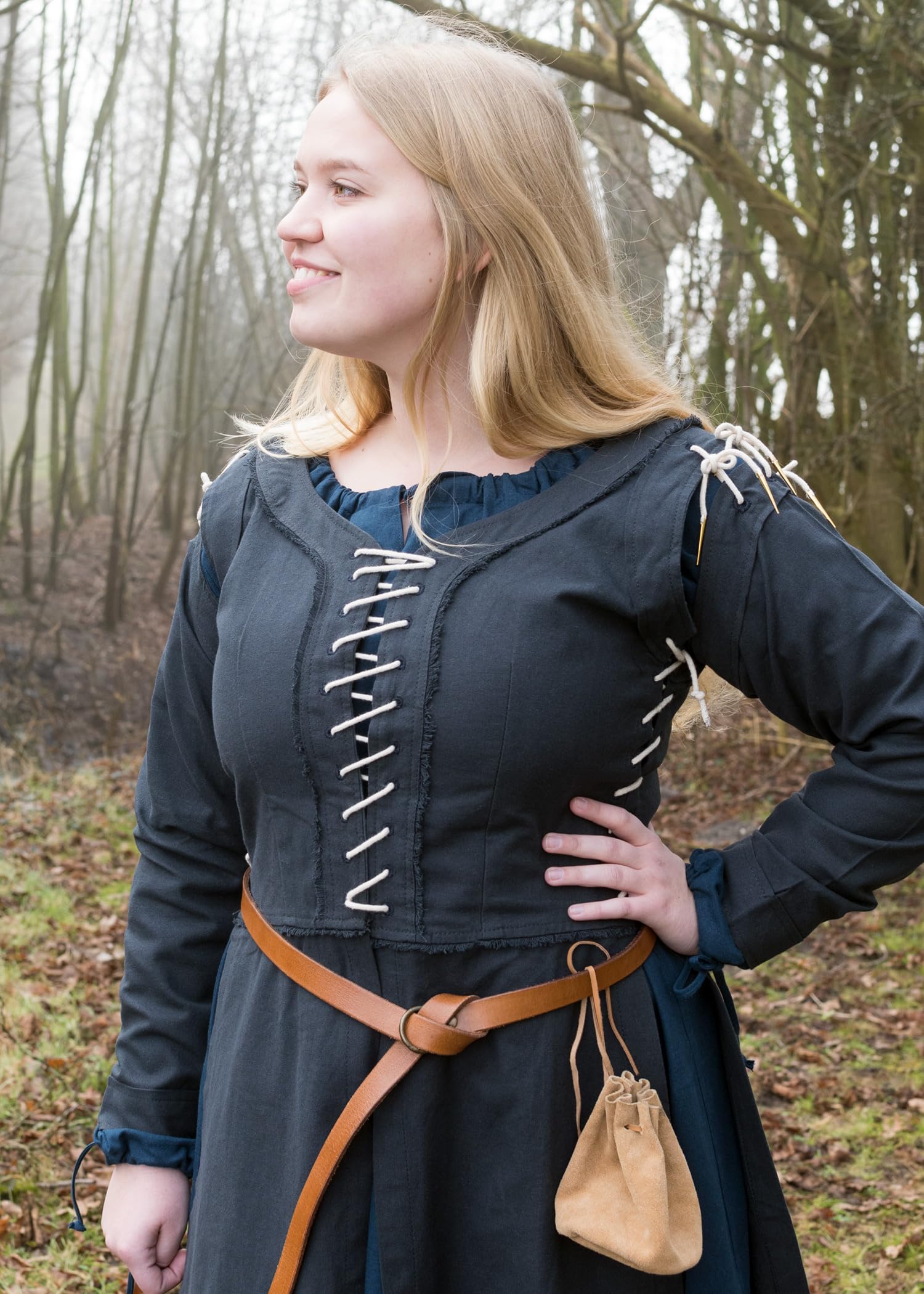 Battle-Merchant Średniowieczna sukienka damska Marit | sukienka Wikingów ze sznurowaniem kostium podkreślający sylwetkę bawełna, niebieski, XL