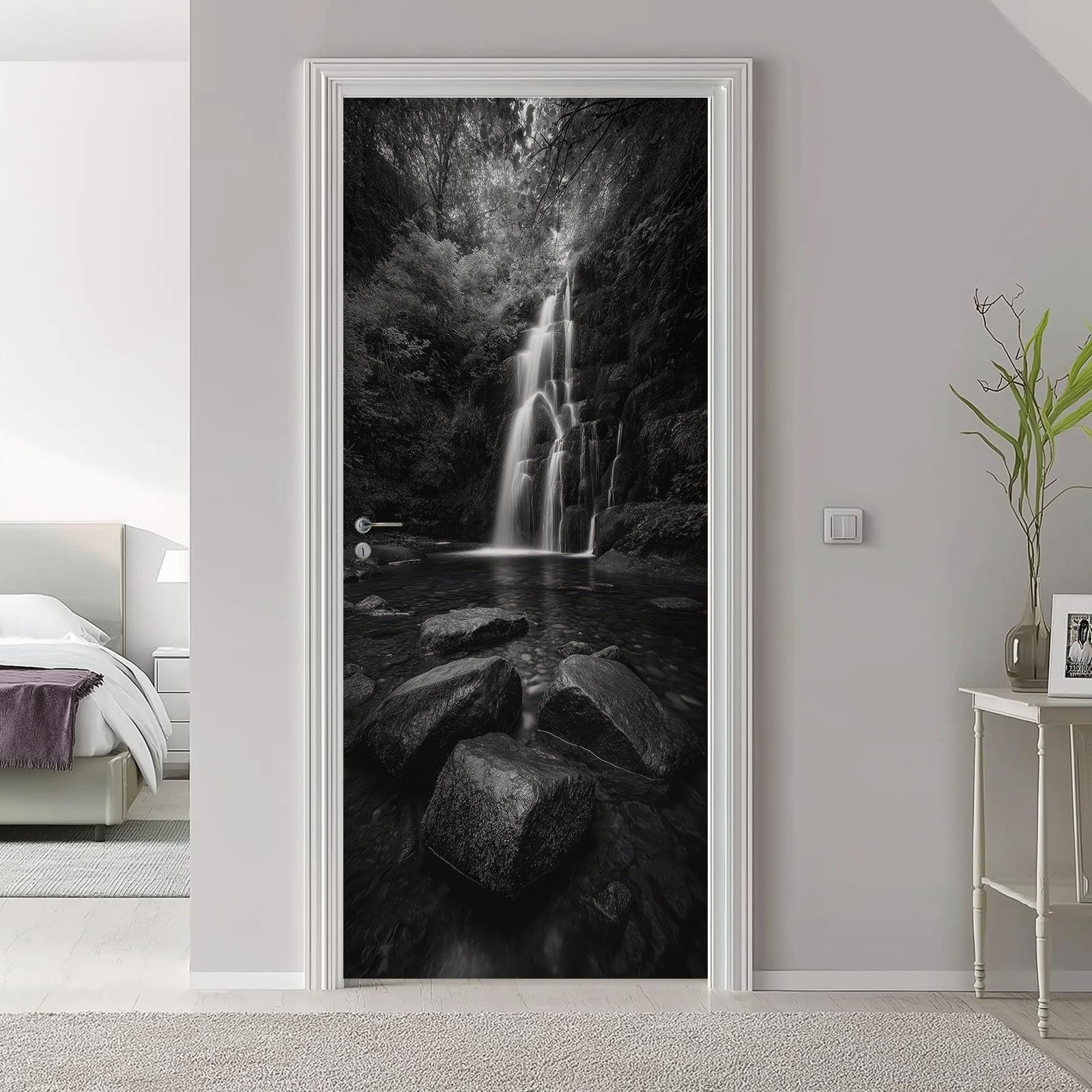 Ciemny las, wodospad, tapeta na drzwi, samoprzylepna, naklejka na drzwi, 80 x 210 cm, naturalny krajobraz PCW, plakat na drzwi, naklejka ścienna, czarna fototapeta na drzwi, folia samoprzylepna do
