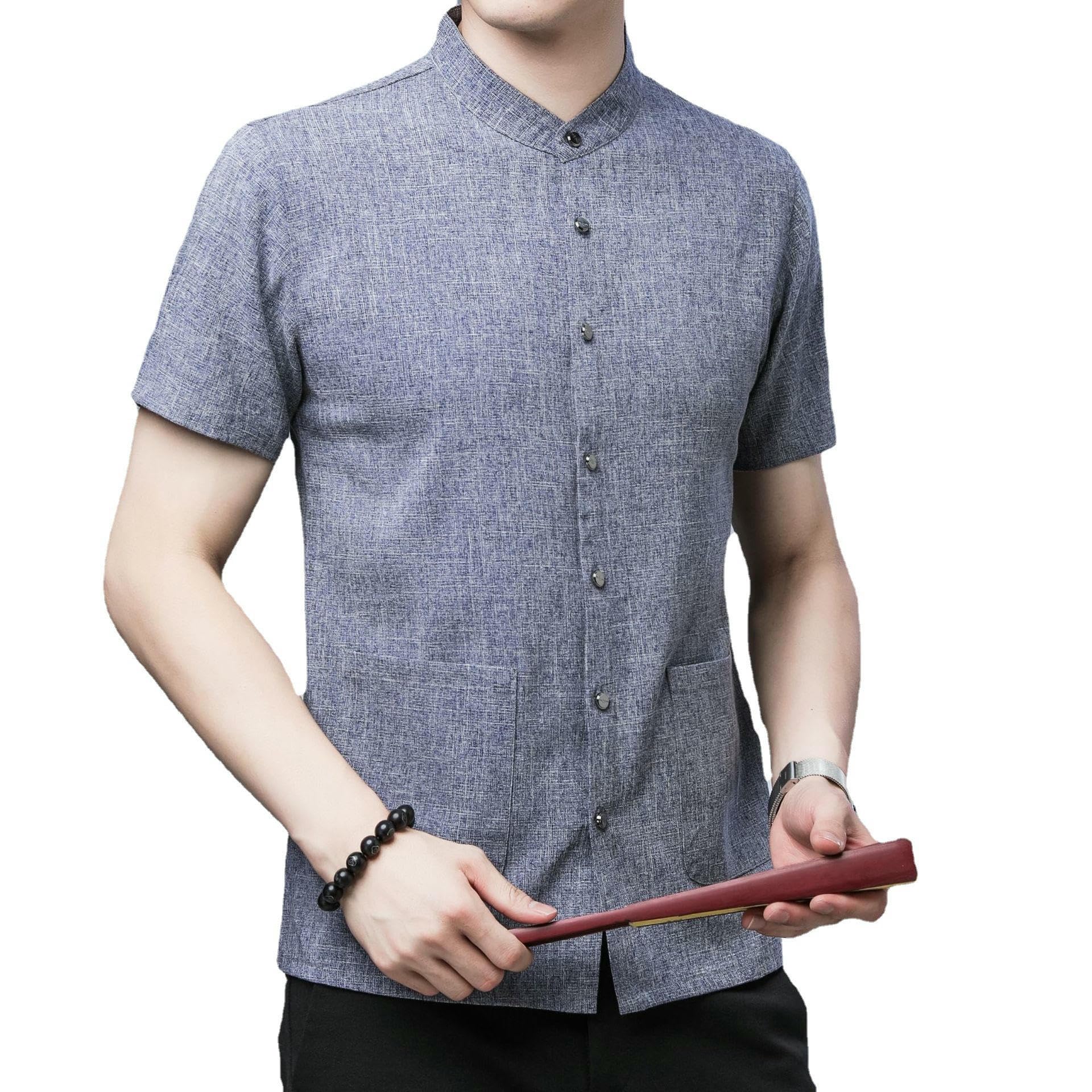 Camicia da uomo estiva in lino casual per tutti i giorni con tasca grande colletto alla coreana