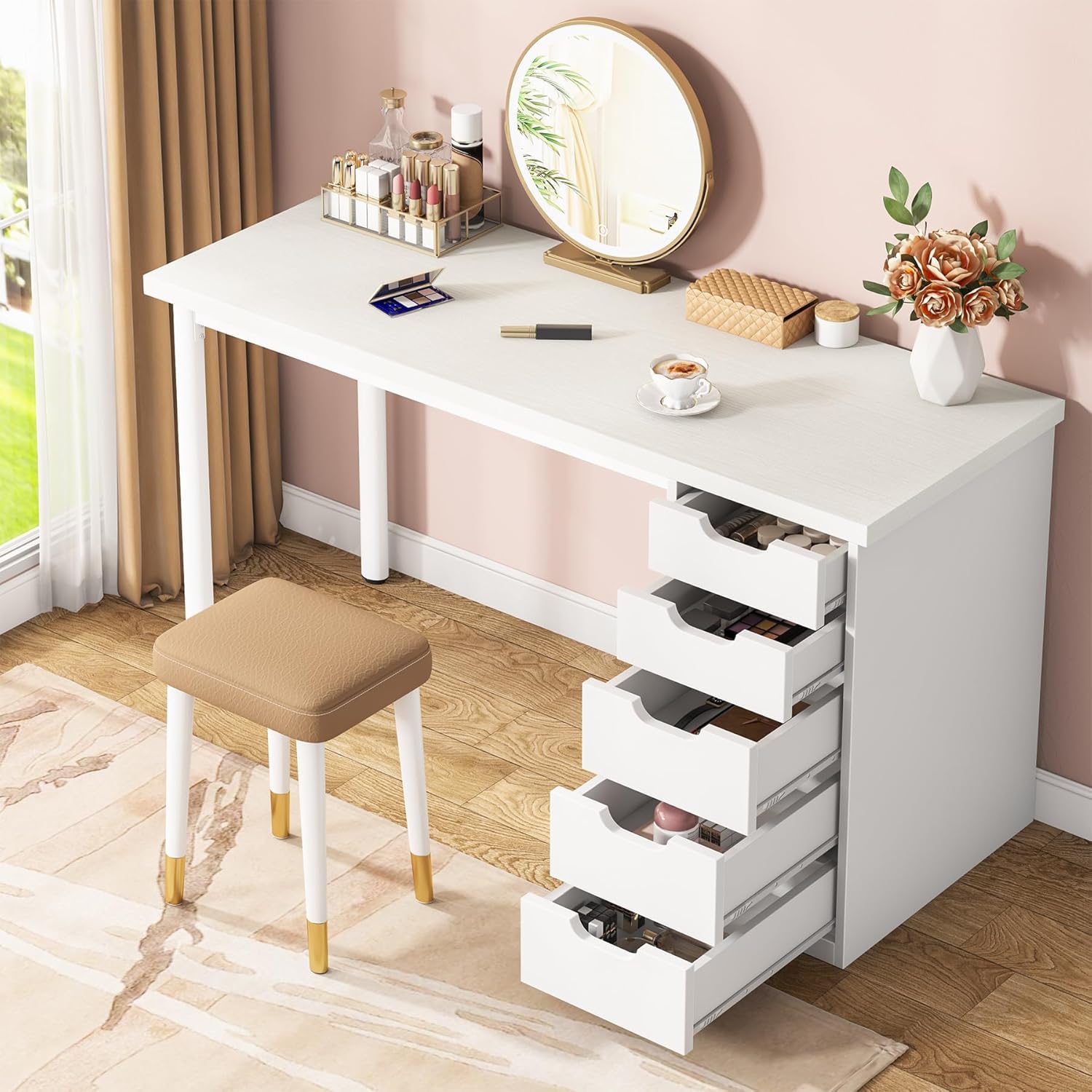 Tribesigns 47 inches Vanity Desk with 5 Drawers (White)