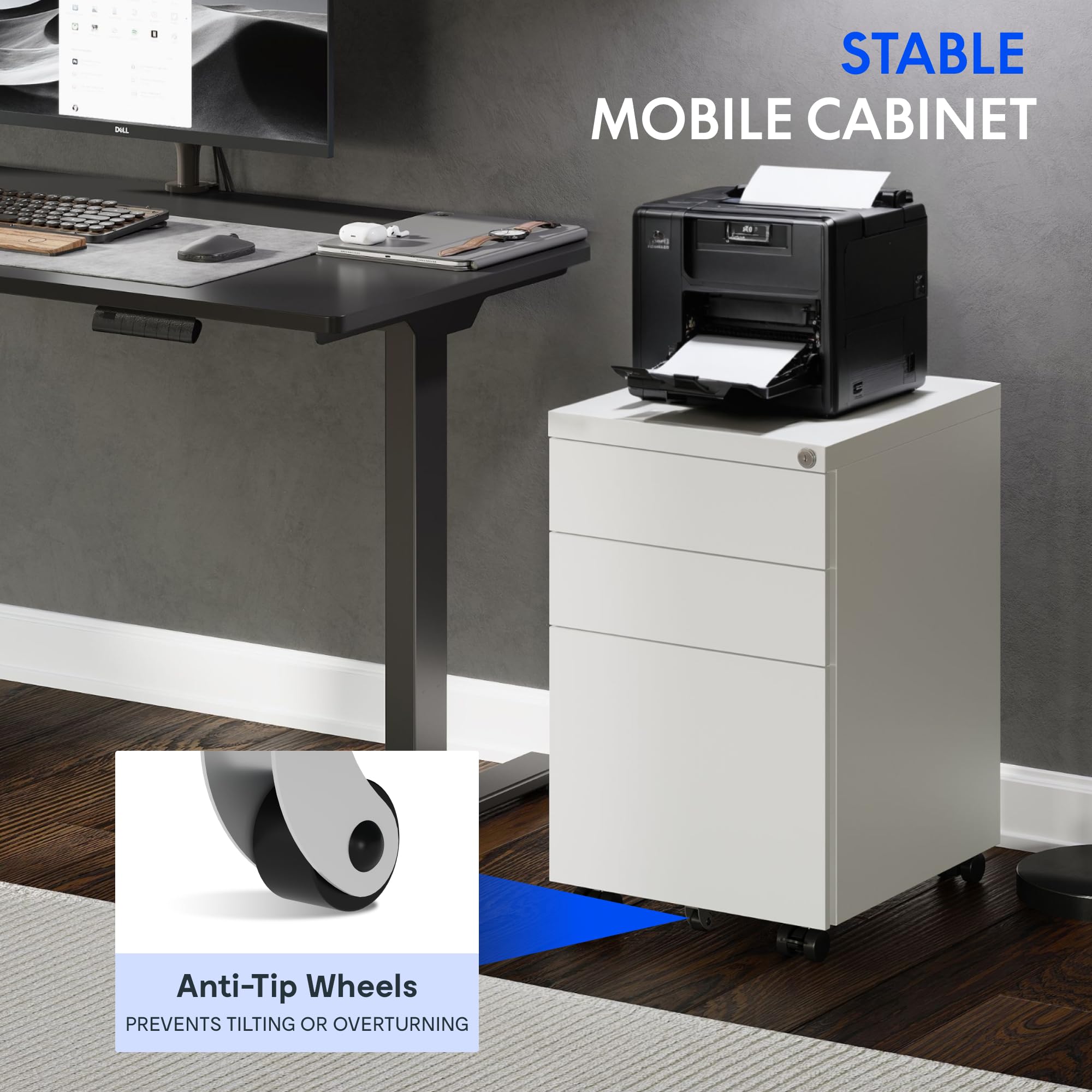 FLEXISPOT schedario con 3 cassetti, cassettiera da ufficio bianca con ruote, armadietto con serratura e sistema anti-ribaltamento, mobiletto porta documenti per casa e ufficio