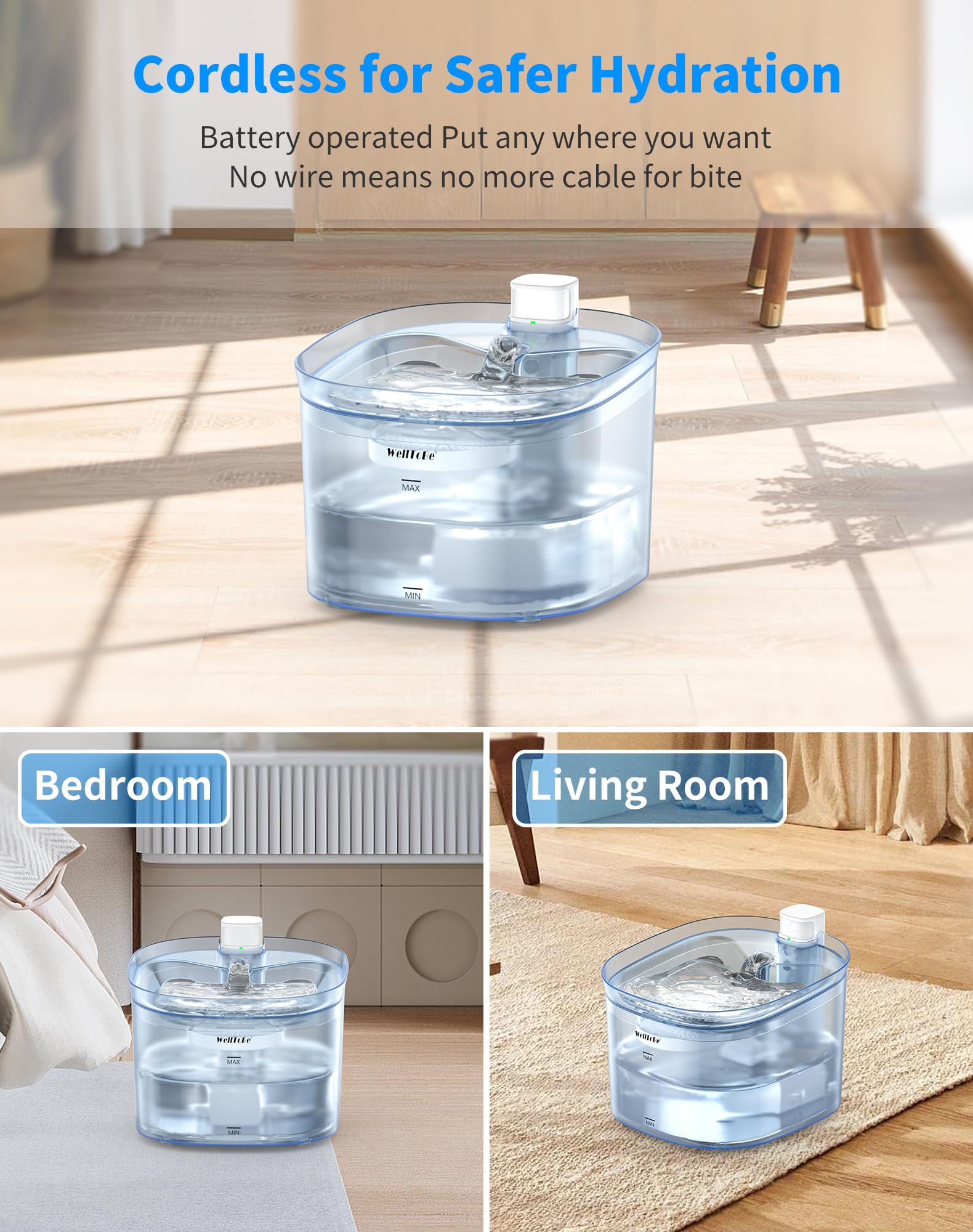 WellToBe Fontana per Gatti a Batterie, 2.5L Fontana Intelligente per Gatti e Cani con Sensore di Movimento, Fontana di Acqua per Gatti Senza Fili con Pompa Ultra Silenziosa, Senza BPA