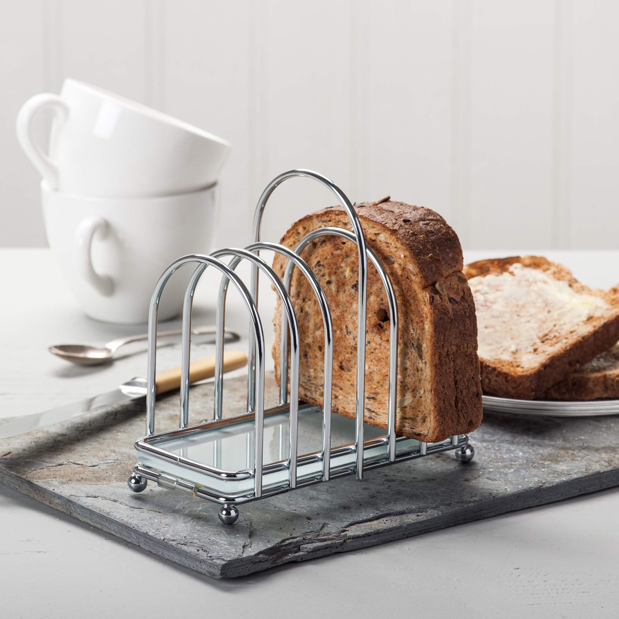 Kilo BA87 Toastständer für 6 Scheiben, Art-Deco-Design, Chrom, mit Milchglasboden, Kugelfüßen und Schlaufen-Tragegriff, silberfarben