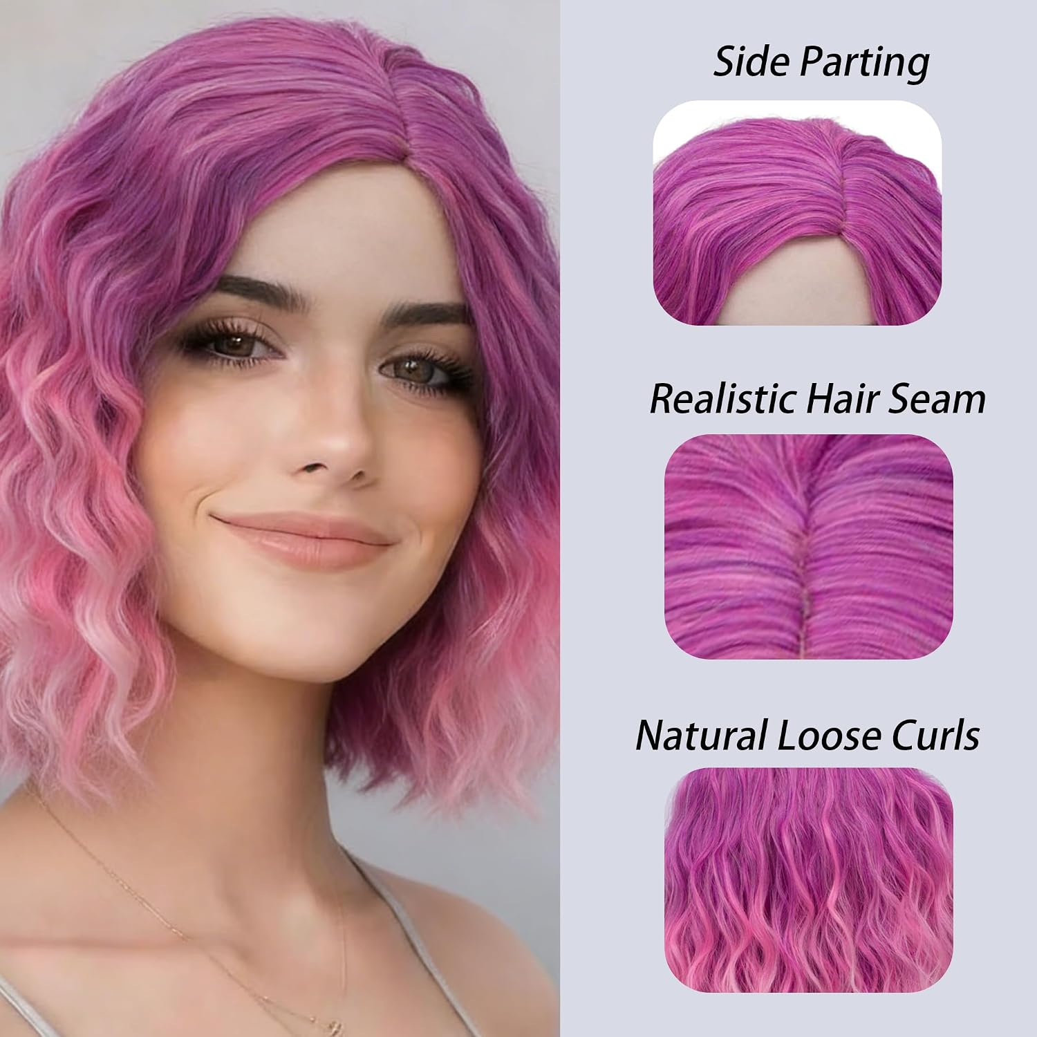 BUFASHION 14" Women Short Ombre purple pink Wavy Curly Bob Wig Heat Resistant Synthetic Wig Halloween Cosplay Daily Party Wigs Include Wig Cap (Ombre purple pink) image 3