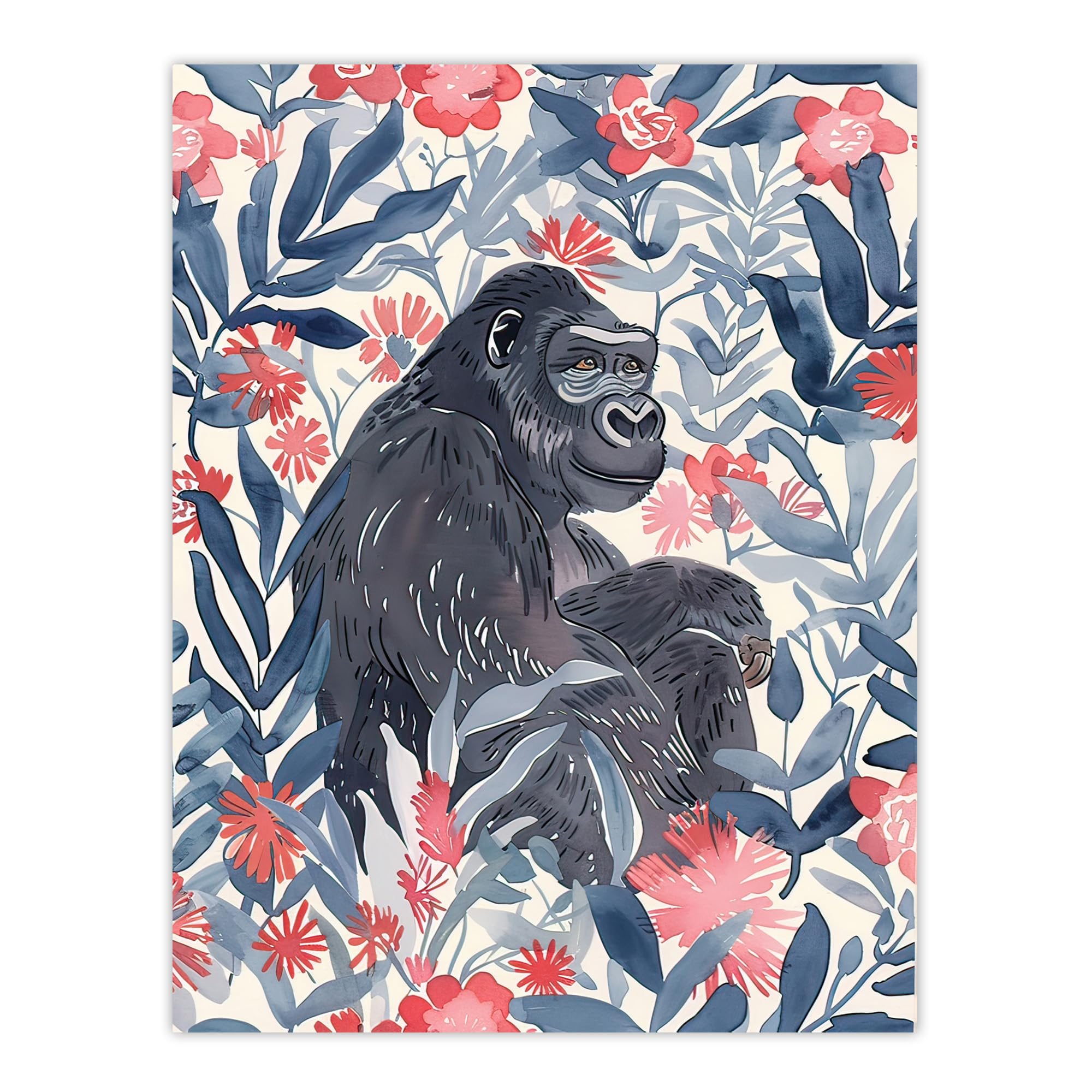 Artery8 Gorilla Ape and Pink Tropical Flowers Watercolour Living Room Large Wall Art Poster Print Thick Paper 18X24 Inch