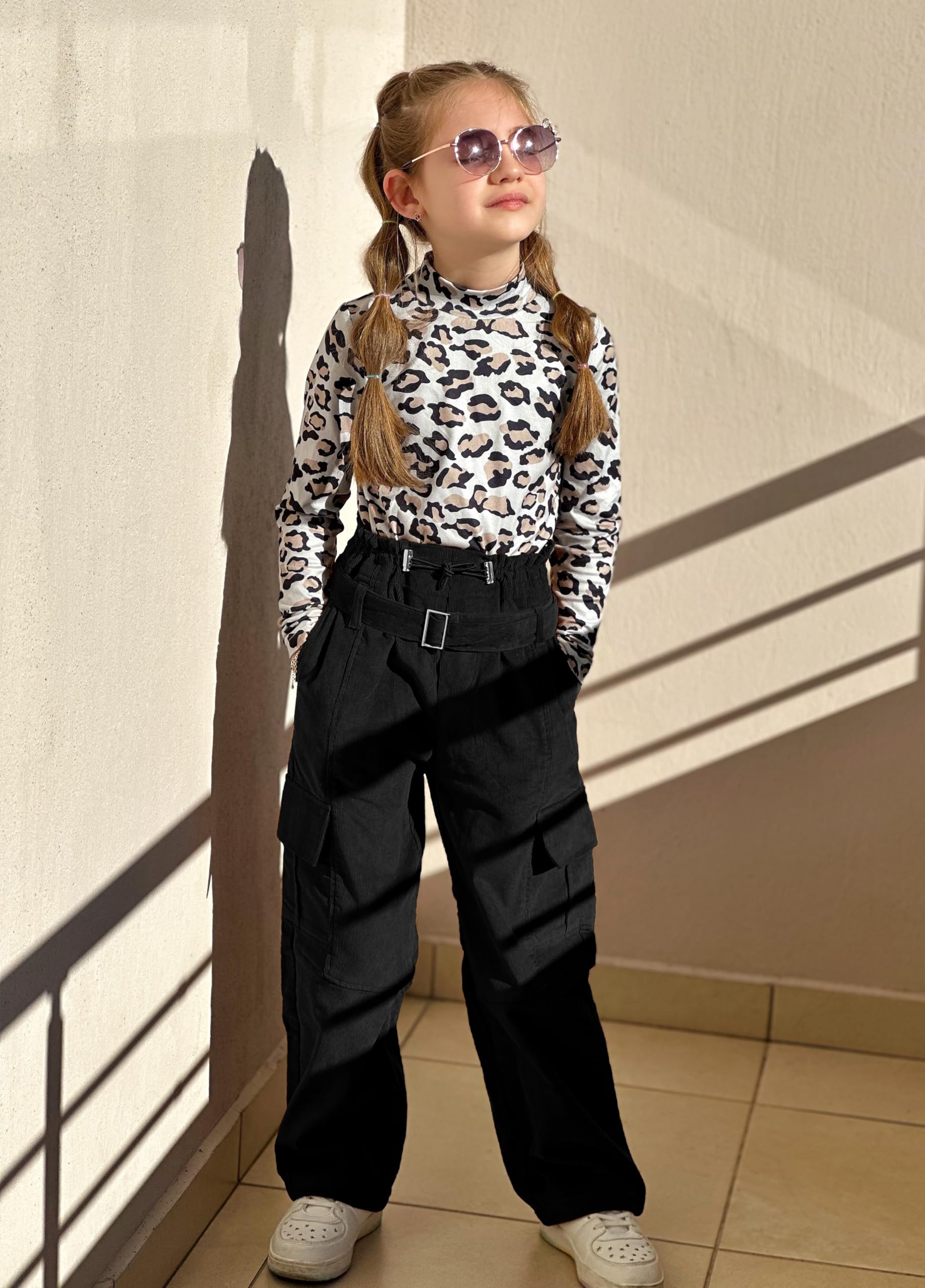 Rolanko Pantalon Cargo Fille avec Ceinture Réglable Taille Haute Élastiquée en Velours Côtelé Jogging Pantalon de Danse Hip Hop pour Enfants