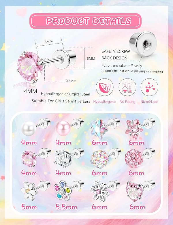 SAILIMUE 12 Pairs Hypoallergenic Screw Back Earrings for Women Girls Surgical Steel Cute Heart CZ Flower Pearl Ball Tiny Screwback Stud Earring by sailimue - Used condition - Image 6