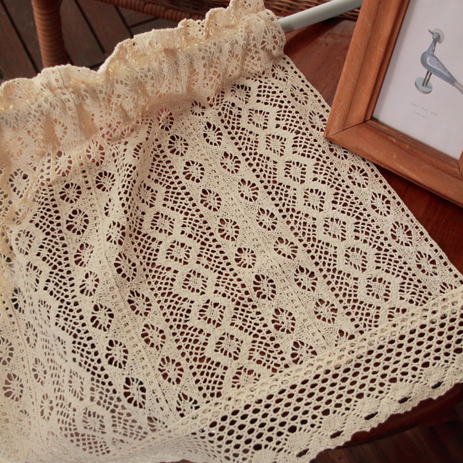 A.Monamour Gardine Scheibengardinen Kurzstores Rustikale Boho Baumwolle Geometrisch Hohl Gehäkelt Spitze Halbtransparent Kurzvorhang Küchengardine Küche Vorhang Fenster Kurz Stores Bistrogardine