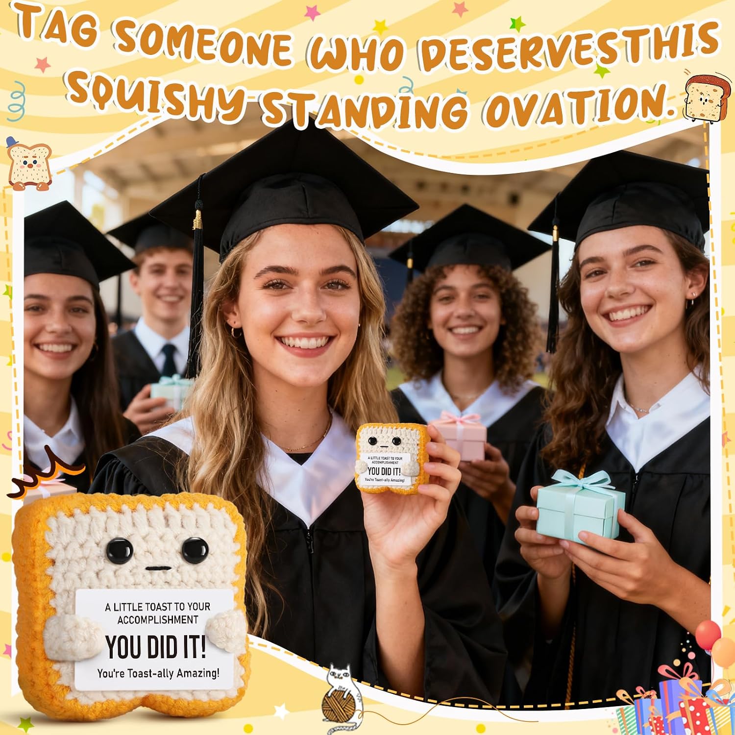 Crochet Toast Congratulations Gifts for Women - You Did It Card for Friends, Students, Coworkers, Teachers – Motivational College Highschool Graduation Decoration for Her Him