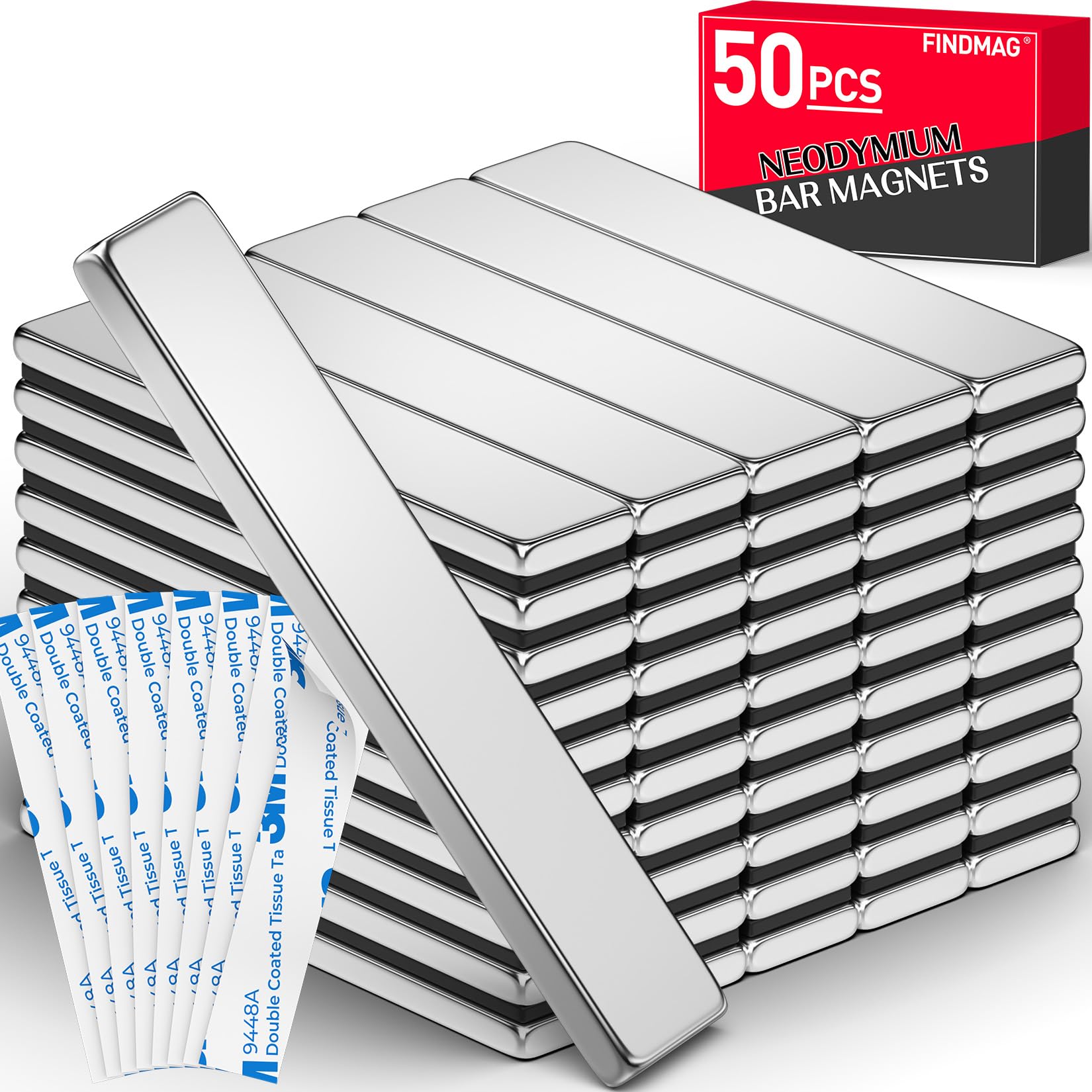 FINDMAG Silver Bar Magnets, 50 Pack Bar Magnets with Double-Sided Adhesive, Fridge Bar Magnet, Magnet for Fridge, Garage, Kitchen, DIY, 60x10x3mm