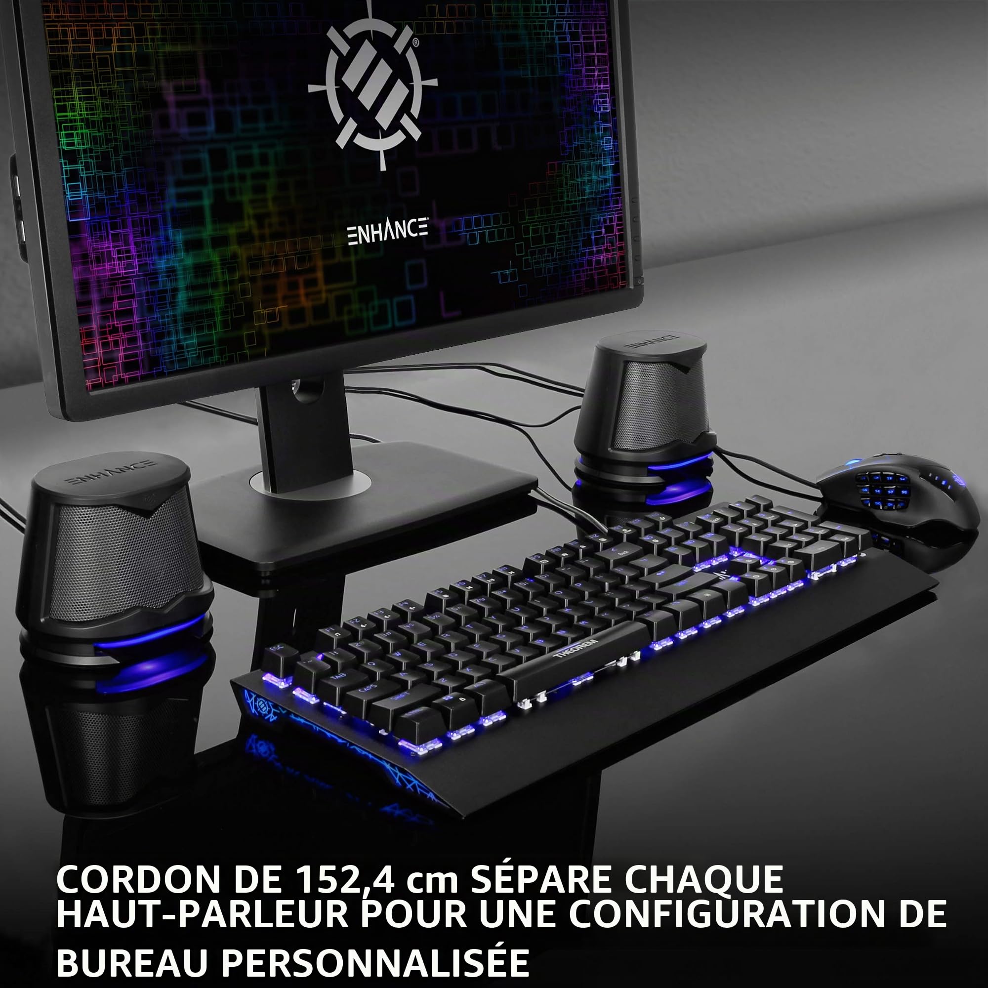 ENHANCE SB2 Haut-parleurs pour PC avec lumières LED Bleues et Design alimenté par USB 2.0 – Son de crête de 10 W, Connexion Filaire de 3,5 mm, contrôle du Volume en Ligne – Compatible avec Ordinateur