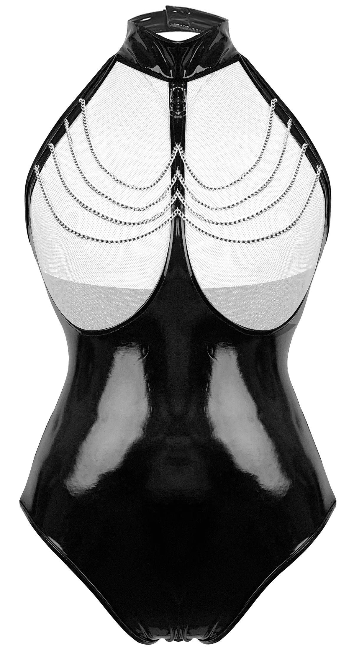 Dessous Femme Lingerie Sexy en Wetlook Body en Cuir Clubwear Combinaison Courte Latex Catwoman sans Manches Catsuit Jumpsuit avec Fermeture éclair S-5XL.