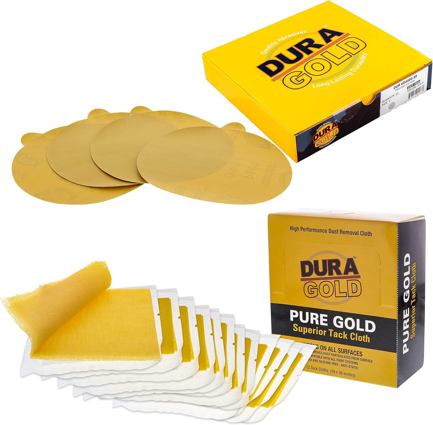 Dura-Gold Premium 6" Gold PSA Sanding Discs - 800 Grit (Box of 50) Pure Gold Superior Tack Cloths - Tack Rags (Box of 12)