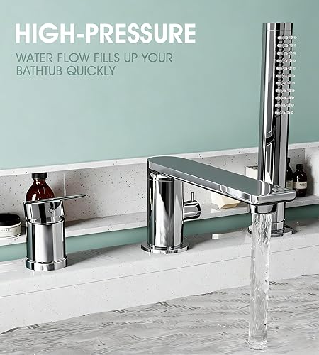 Miniatura 7 de Grifo de bañera romano cromado moderno con boquilla giratoria de 360°, grifo de bañera de montaje en cubierta con ducha de mano, grifo de llenado de