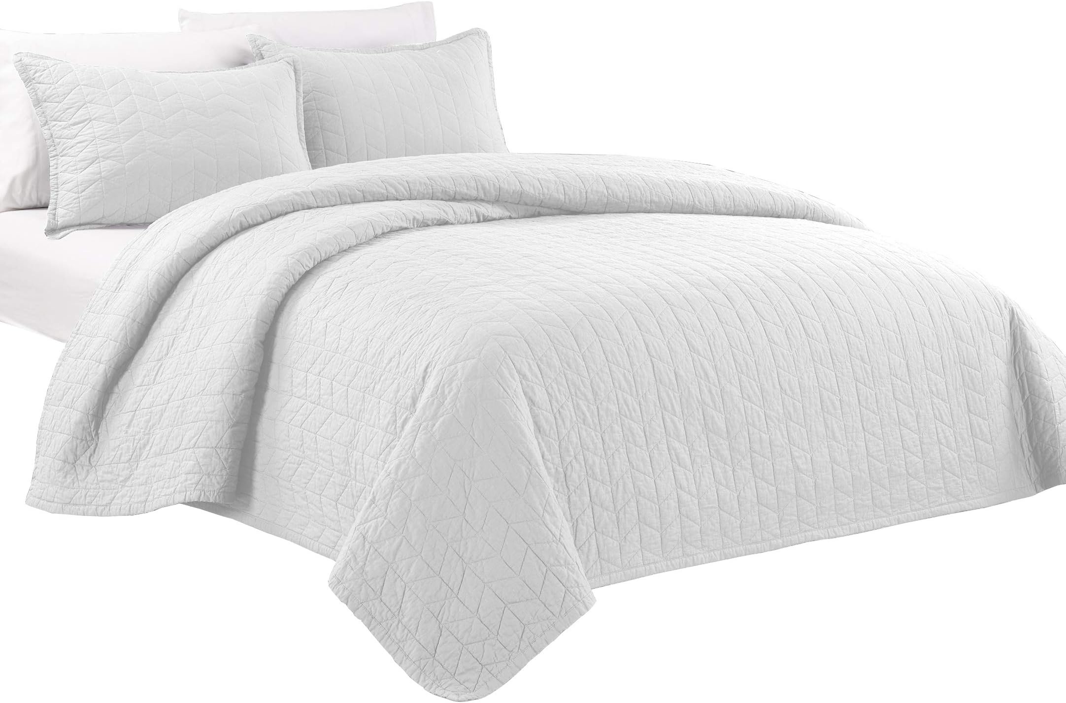 Chezmoi Collection Madrid 3-Piece Vintage Washed Solid Cotton Quilt and Shams Set (King, White)