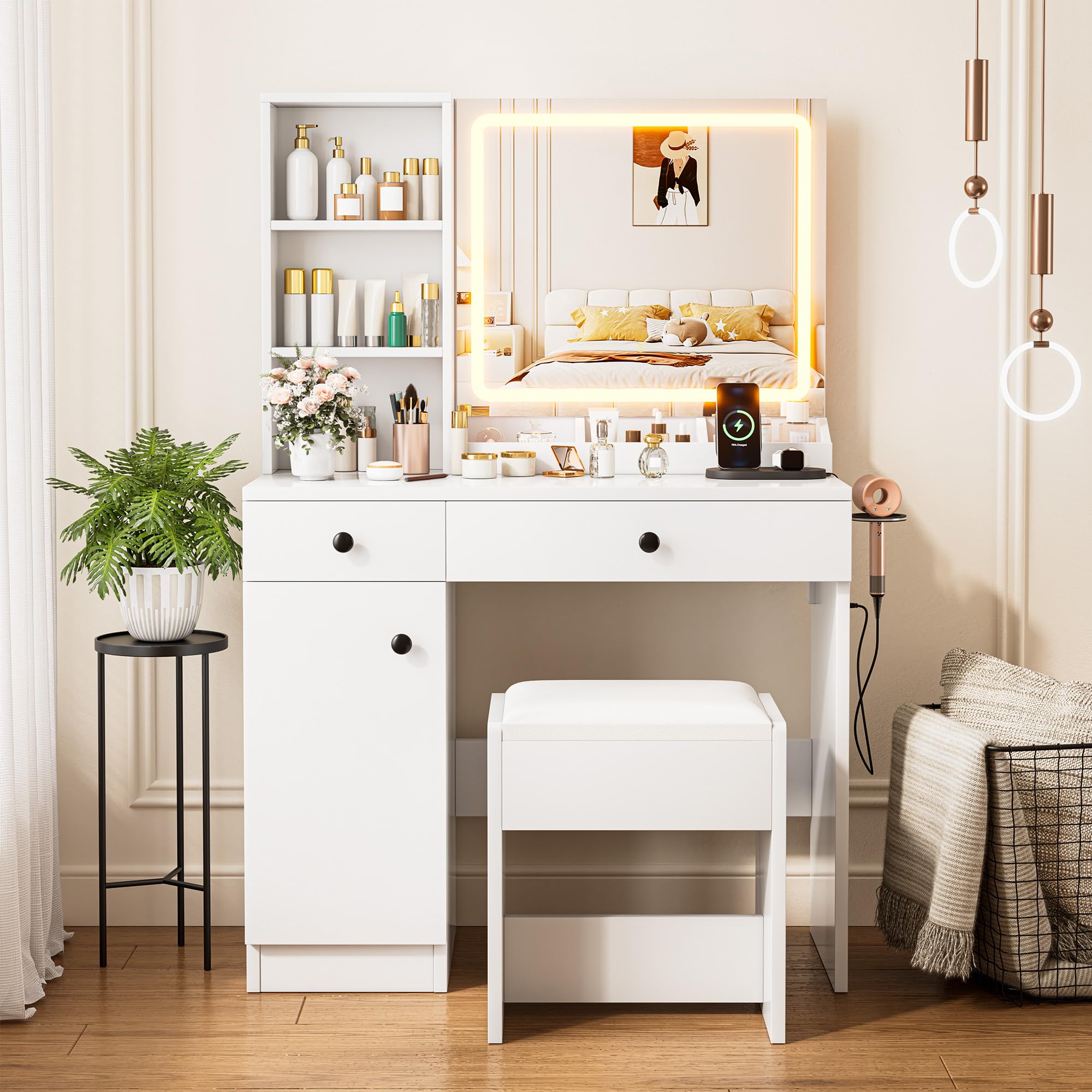 KAMABOKO Modern Vanity Desk with HD Mirror and Adjustable Lights, Makeup Table with Power Outlet, 2 Drawers & Large Cabinet, White Dressing with Stool for Girls Bedroom