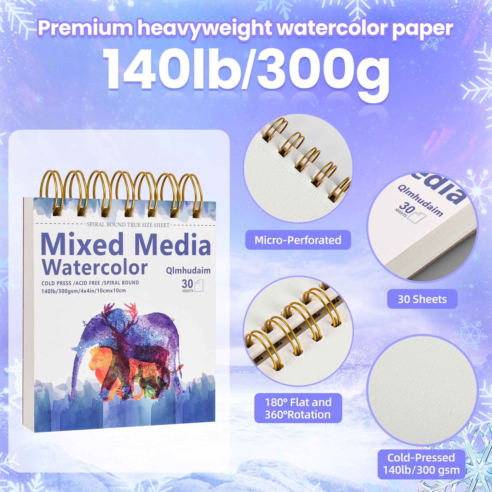 Qlmhudam Watercolor Paper Pad 8" x 11" - Heavyweight and textured paper Sketchbook,Spiral Bound, 20 Sheets 140lb/300g sketch pad, Watercolor Sketchbook for Wet & Dry Media,Drawing ，& Painting Journals