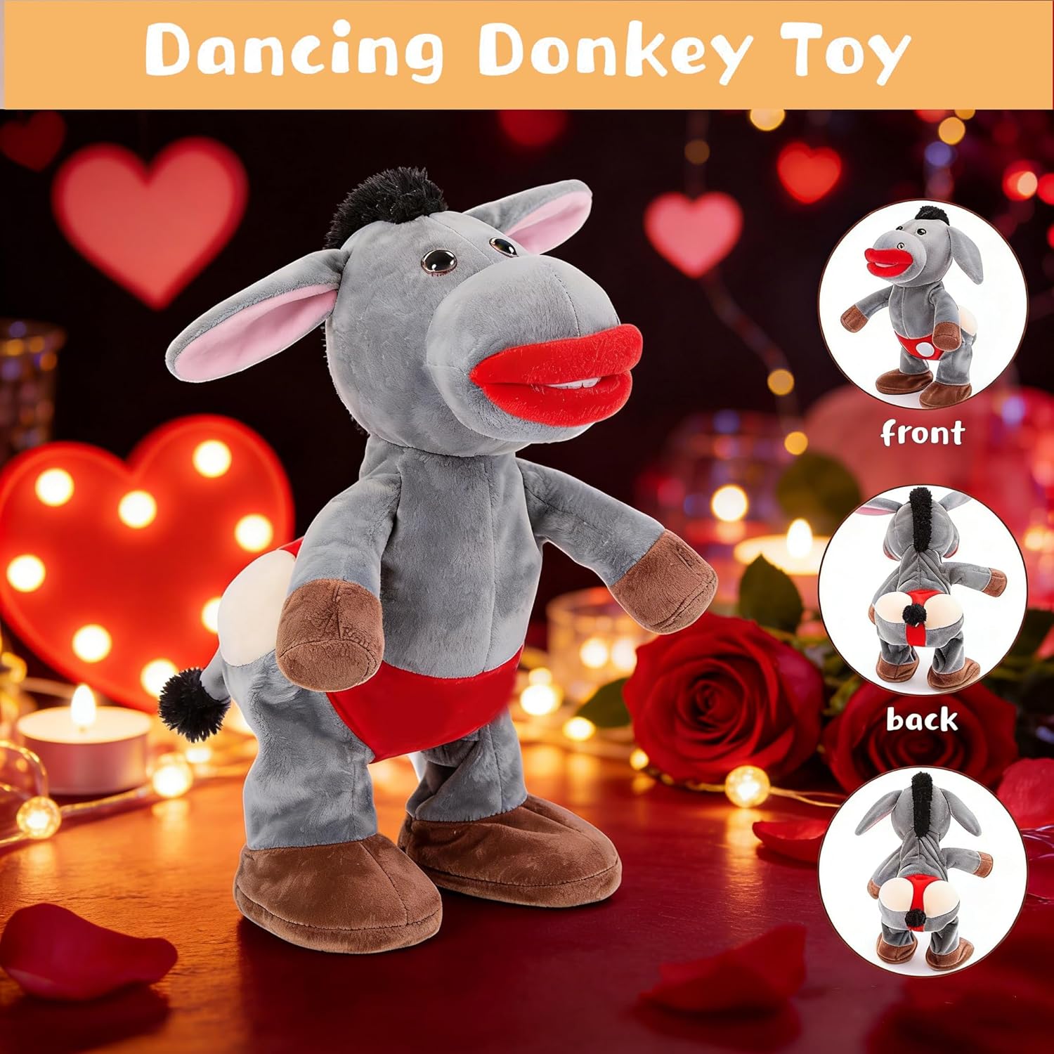 Emoin Dancing and Singing Donkey Toy Valentines Day Gifts, Shaking Donkey Stuffed Animal Interactive Musical Toys Electric Plush Toys Valentines Day Gifts for Her
