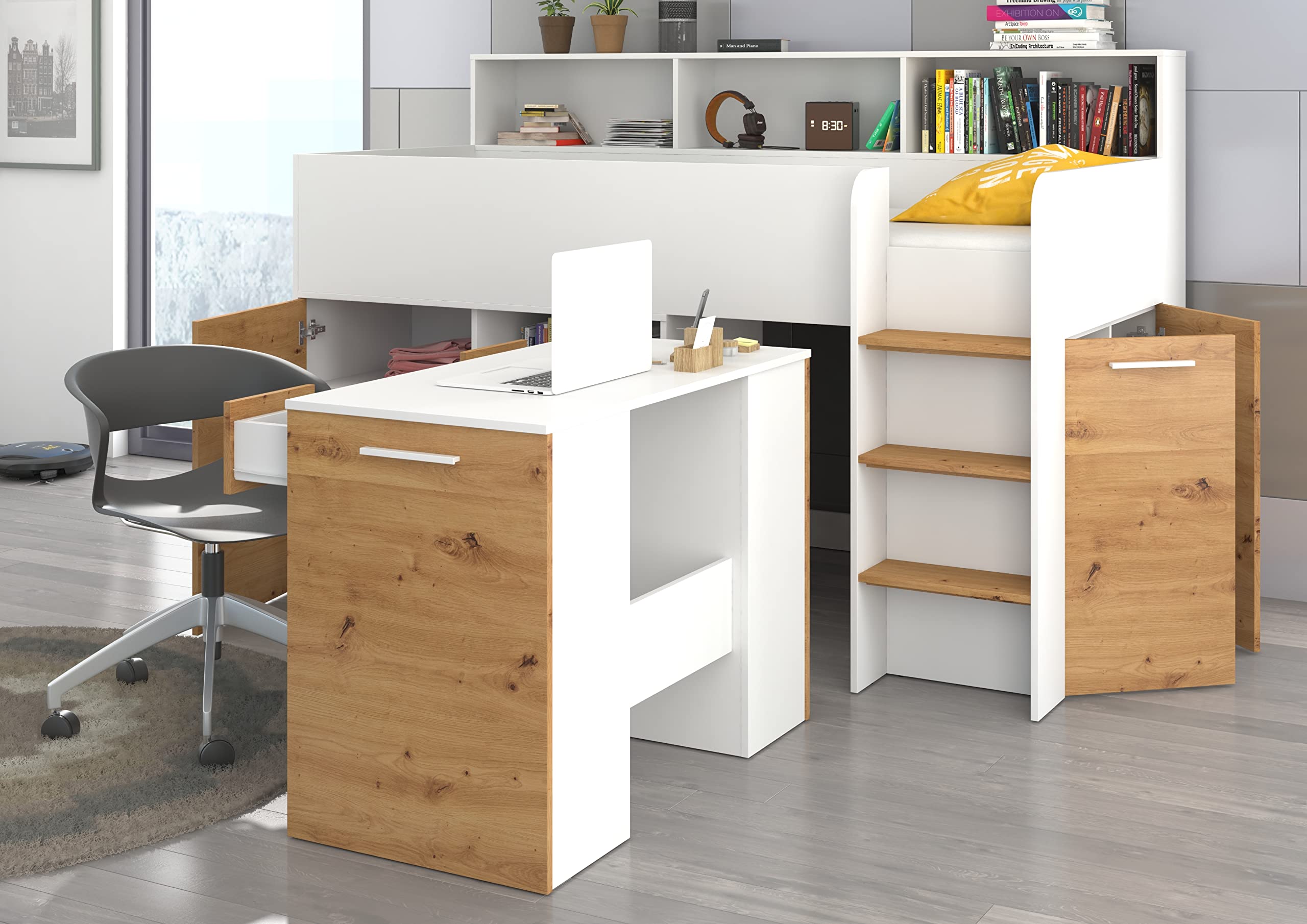 Lit Mi-Hauteur Enfant 80x200 Neo - Mezzanine Avec Bureau, Tiroirs Et Bibliothèque Gain De Place Craft Blanc/Graphite