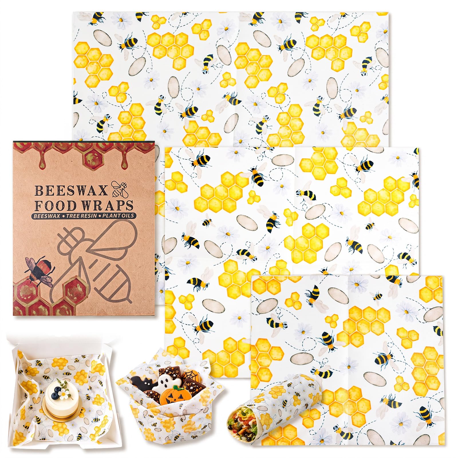 KFHENSOMR 3 Size Beeswax Wraps Reusable Beeswax Paper Beeswax Food Wrap
