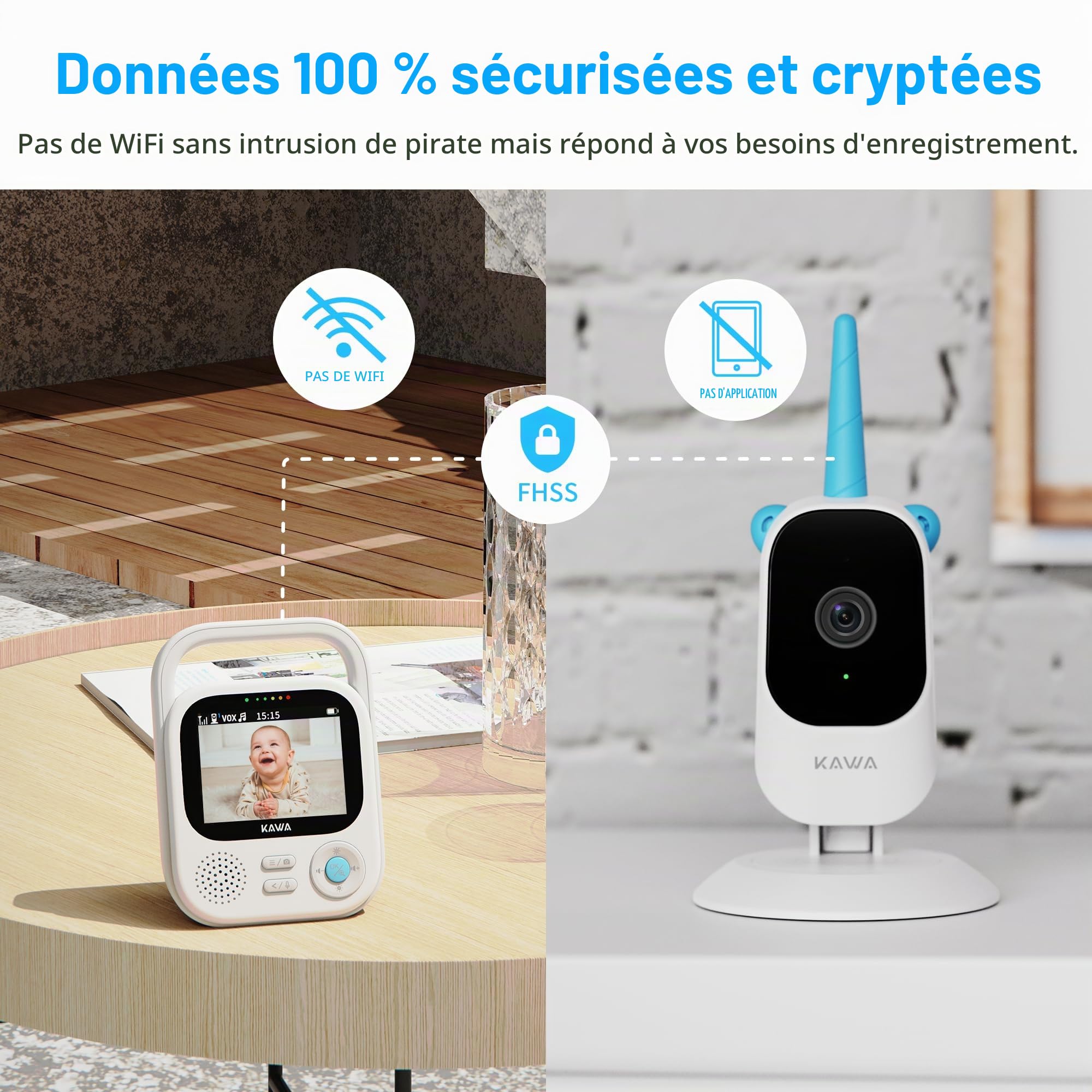 KAWA Moniteur Vidéo pour Bébé Babyphone Écran HD 5" 720p, Conversation Bidirectionnelle, Vision Nocturne, Mode VOX, Moniteur De Température, Berceuses, Portée De Transmission De 1000 Pieds
