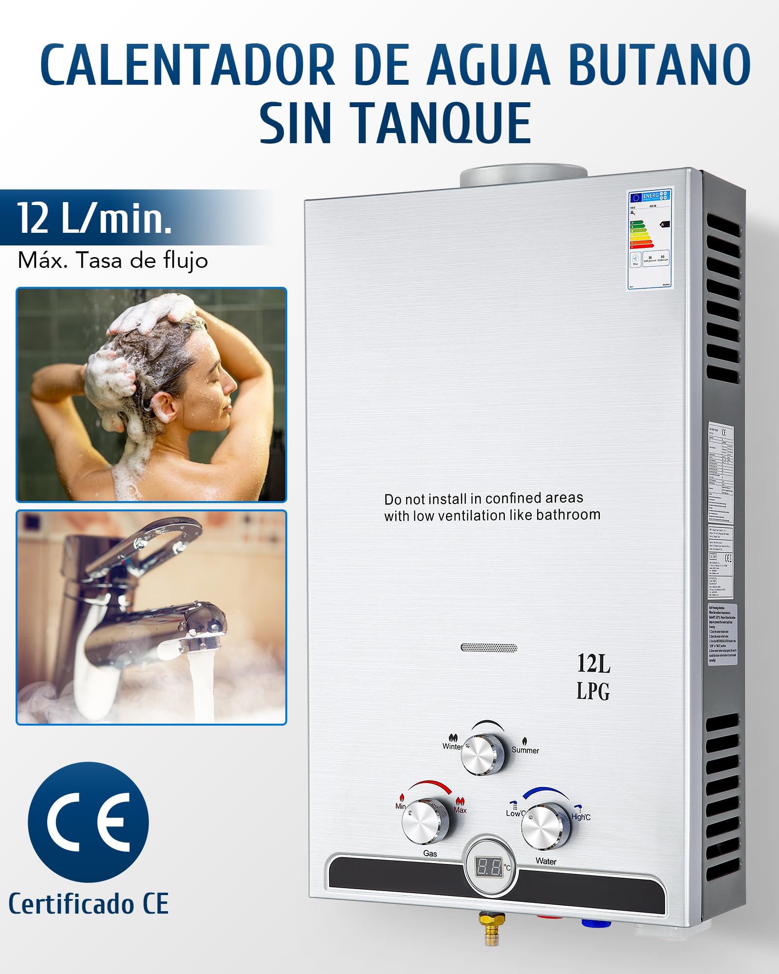 CO-Z 12 L/Min Calentador de Agua Butano, Calentador de Agua a Gas, Certificado CE, LPG Calentador Butano, Calentador de Gas Licuado de Petróleo sin Tanque (12 L/Min)