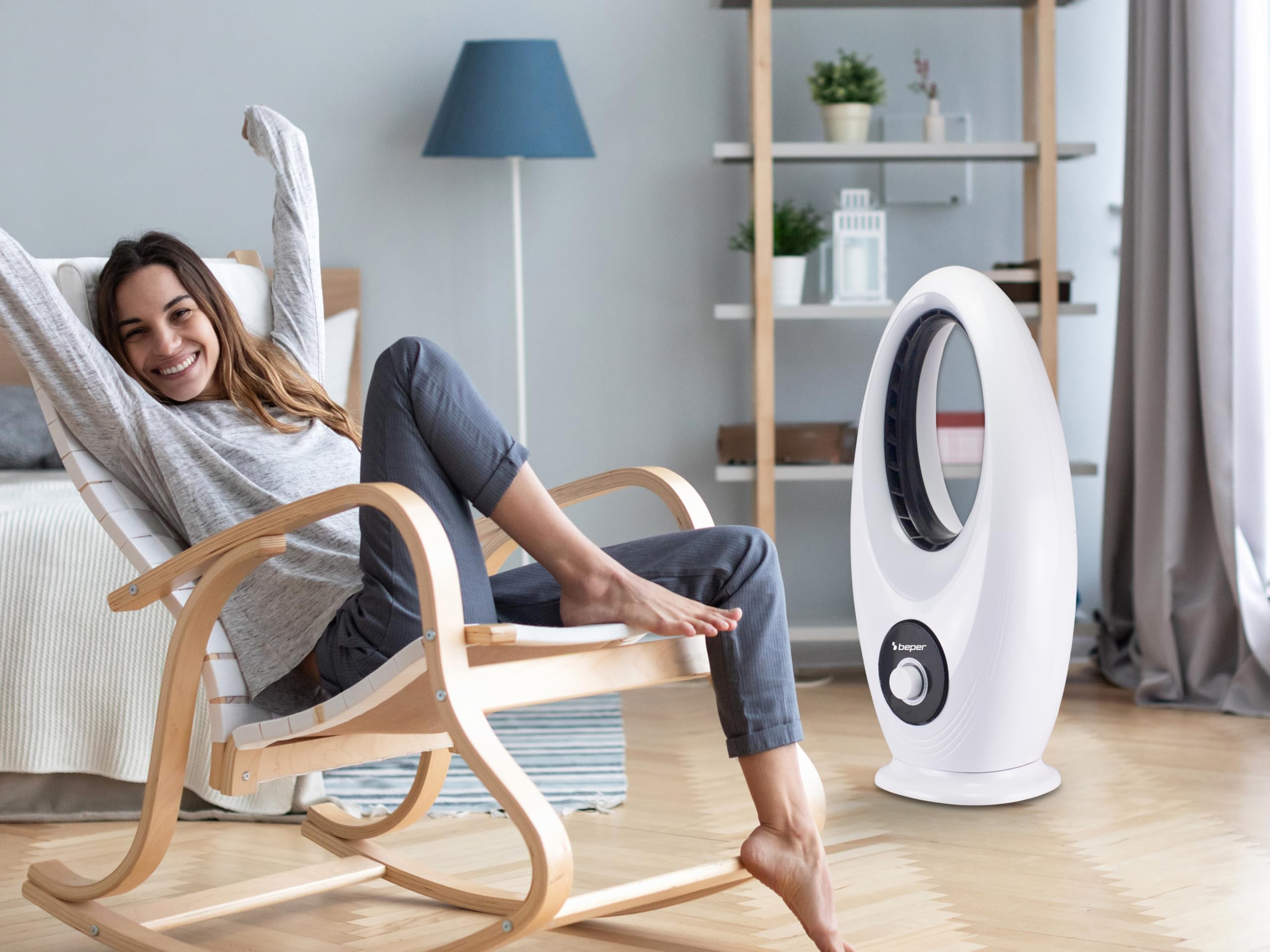 beper P206RAF110 Moderner, 50W, Leiser, Oszillierender, Messerloser Bodenventilator mit 3 Ventilationsgeschwindigkeiten, Sicheres und innovatives Design für effektive Luftverteilung, Weiß