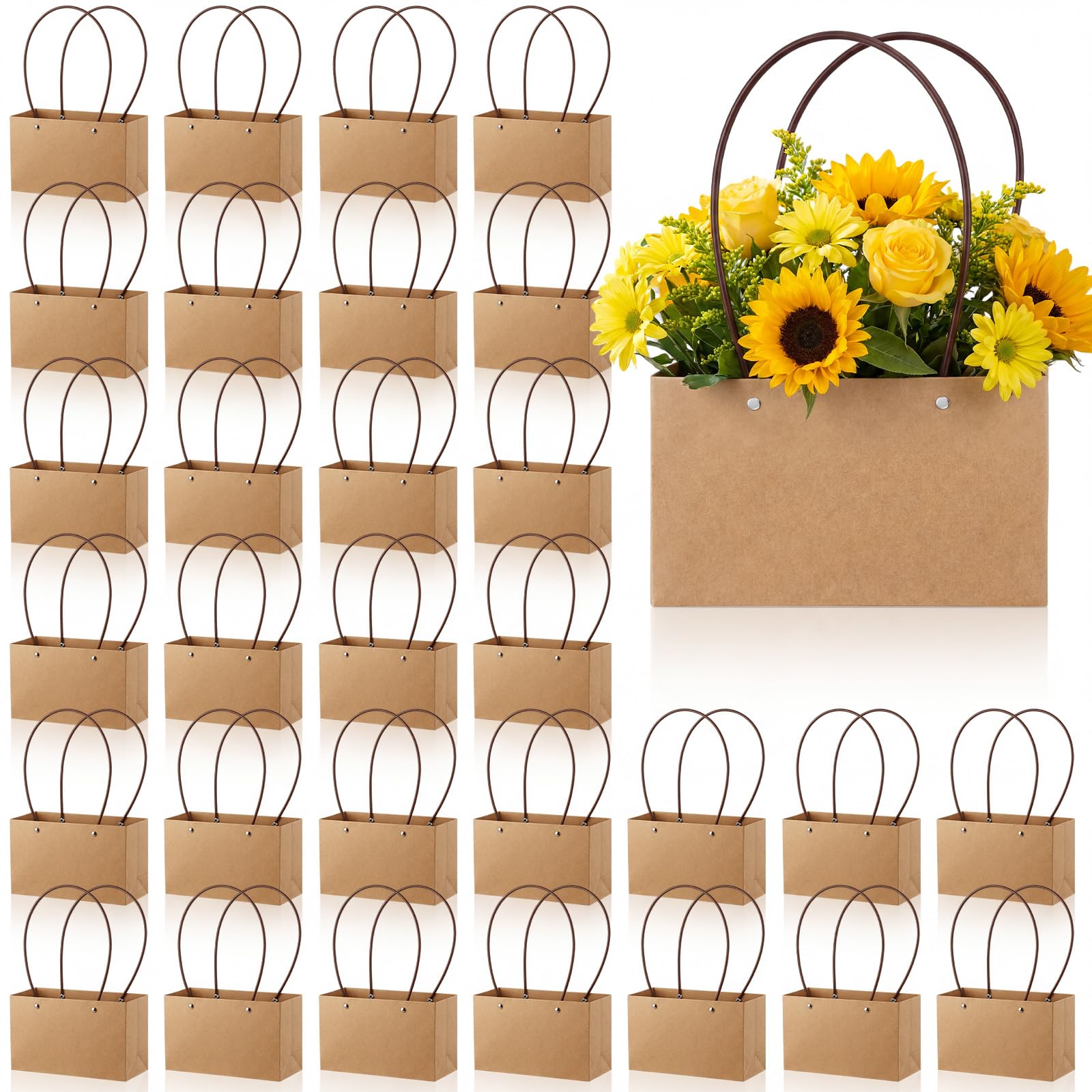 Gilprop Paquete de 30 bolsas de papel kraft para regalo de flores con asa con forro impermeable para regalos de cumpleaños, bodas y fiestas (13.8 x 8.7 x 5.1 x 4.3 pulgadas, marrón)