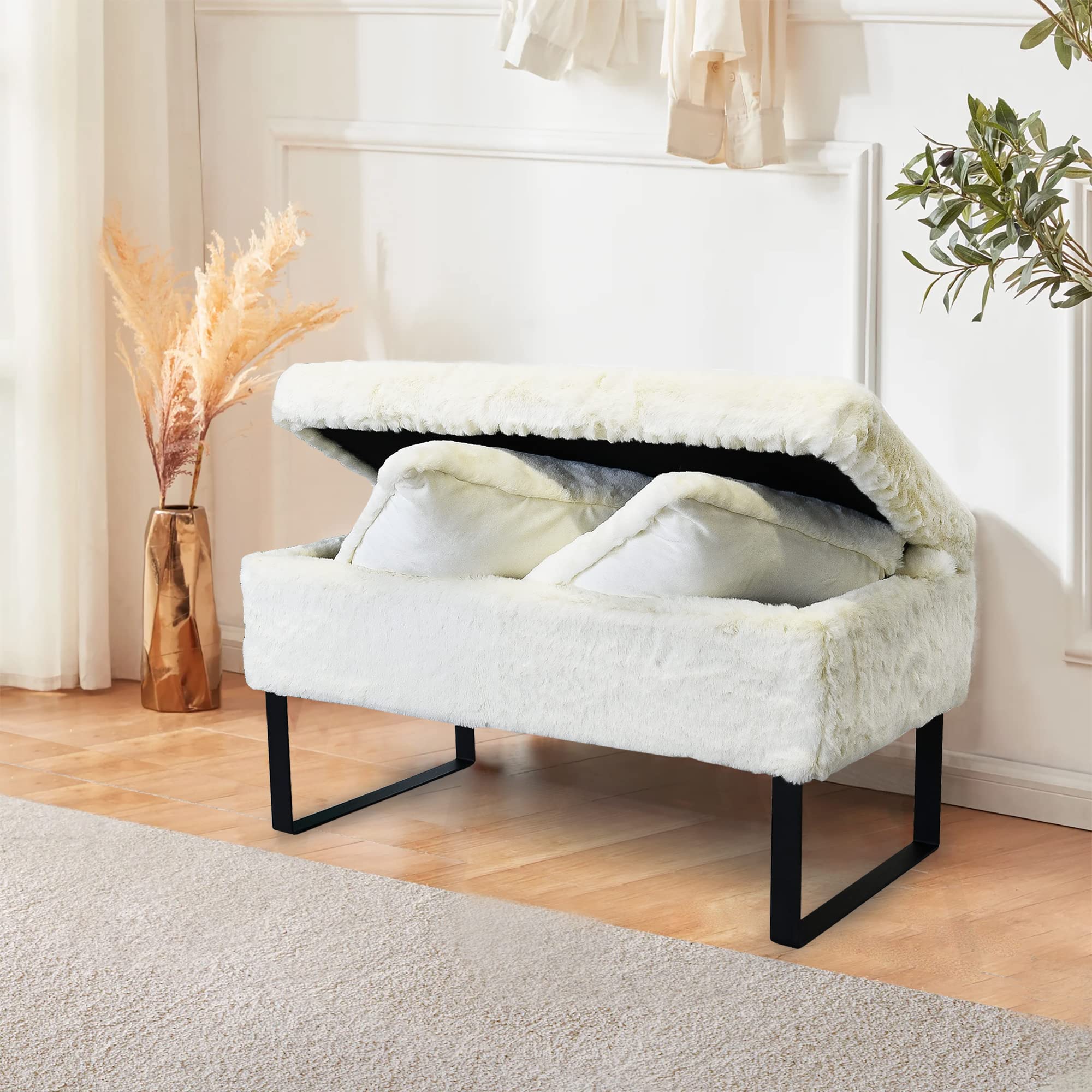 WarmaxxWhite Soft Faux Fur Storage Ottoman Bench Furry Footrest Stool, 35"x18"x20" Sturdy Accent Long Bench Seat / 20"x20" Pillows for Entryway Bedroom End of Bed Coffee Table for Living Room Closet