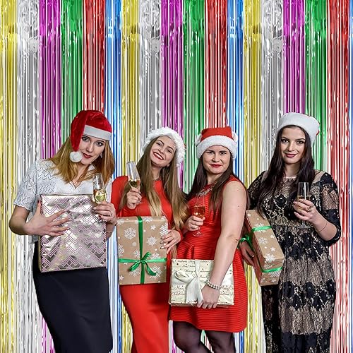 Fondo de flecos de aluminio, paquete de 2 unidades de 3 pies x 8 pies, flecos de papel de aluminio metálico, cortinas de flecos de papel de