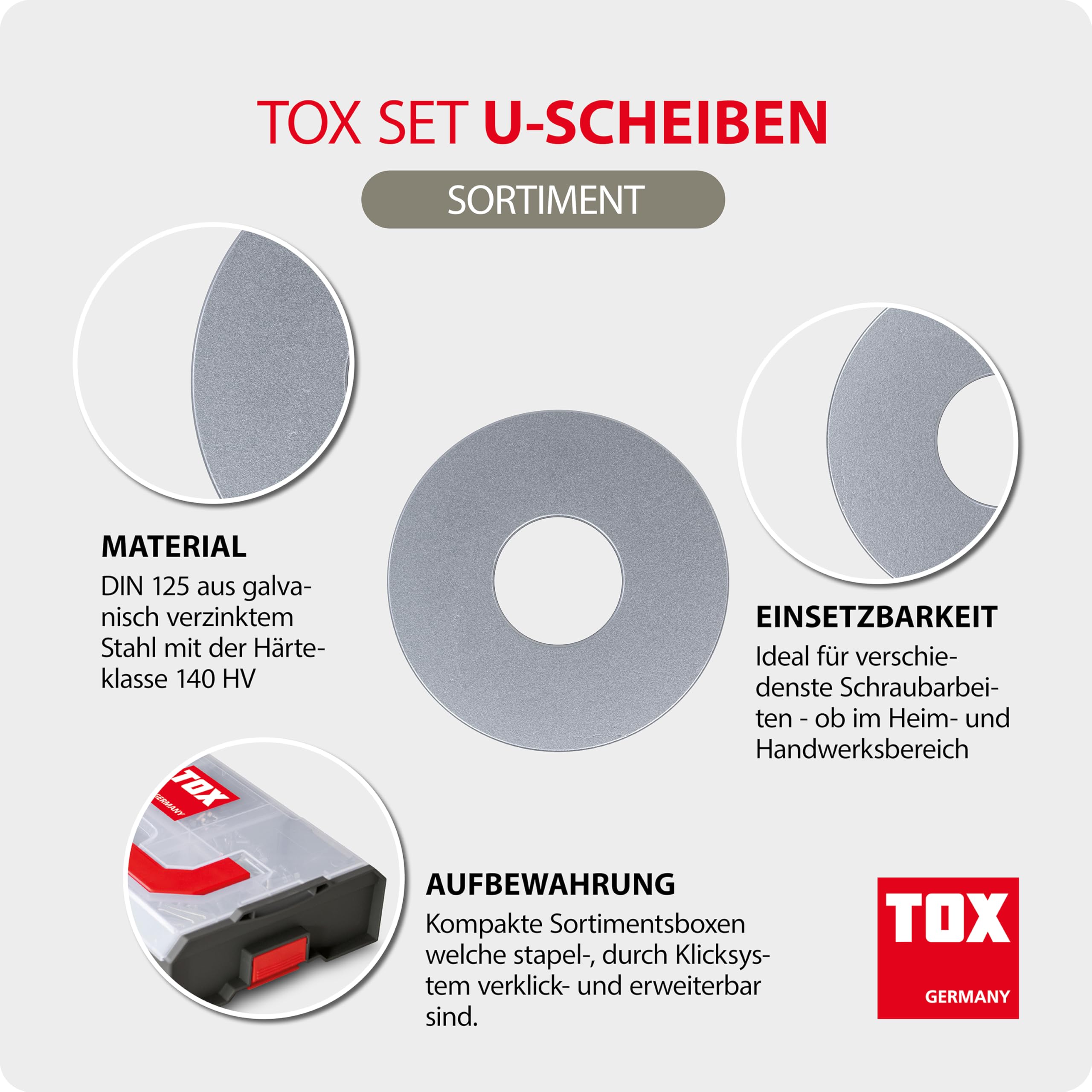 TOX L-BOXX Mini Unterlegscheiben-Set DIN 125 (900-tlg.) + Meterstab 2m in Rot mit Aufdruck, U-Scheiben in 6 gängigen Größen in anpassbarer und verklickbarer Sortierbox, 094909162