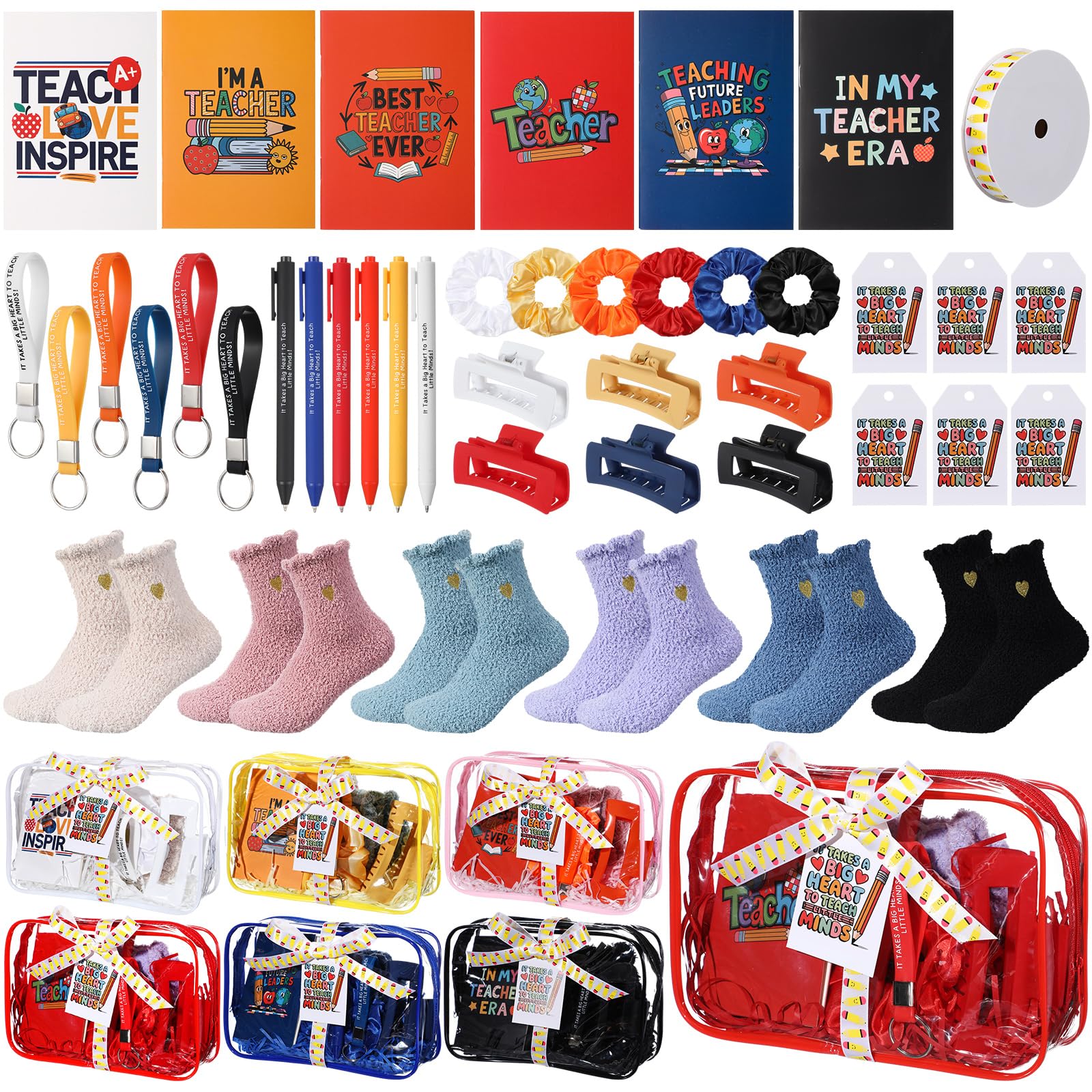 Janmercy Set da 55 pezzi/6 set di regali per insegnanti di ritorno a scuola per donne insegnante apprezzamento regalo di ringraziamento borse trucco penne clip per capelli mini notebook portachiavi