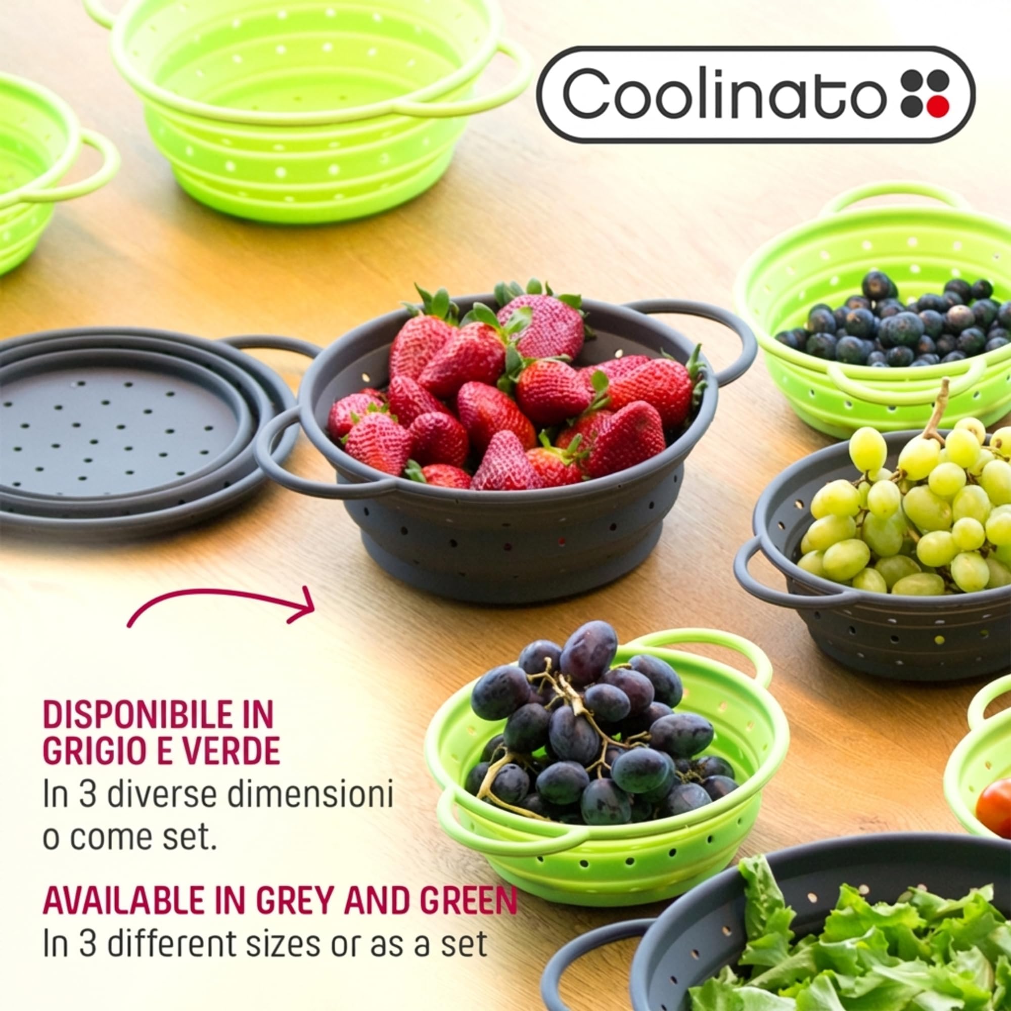 Coolinato – Scolapasta silicone pieghevole 20 cm grigio – Colino per pasta, verdura e frutta - Colapasta per lavastoviglie, senza BPA e termoresistente fino a 230°C - Setaccio salvaspazio richiudibile