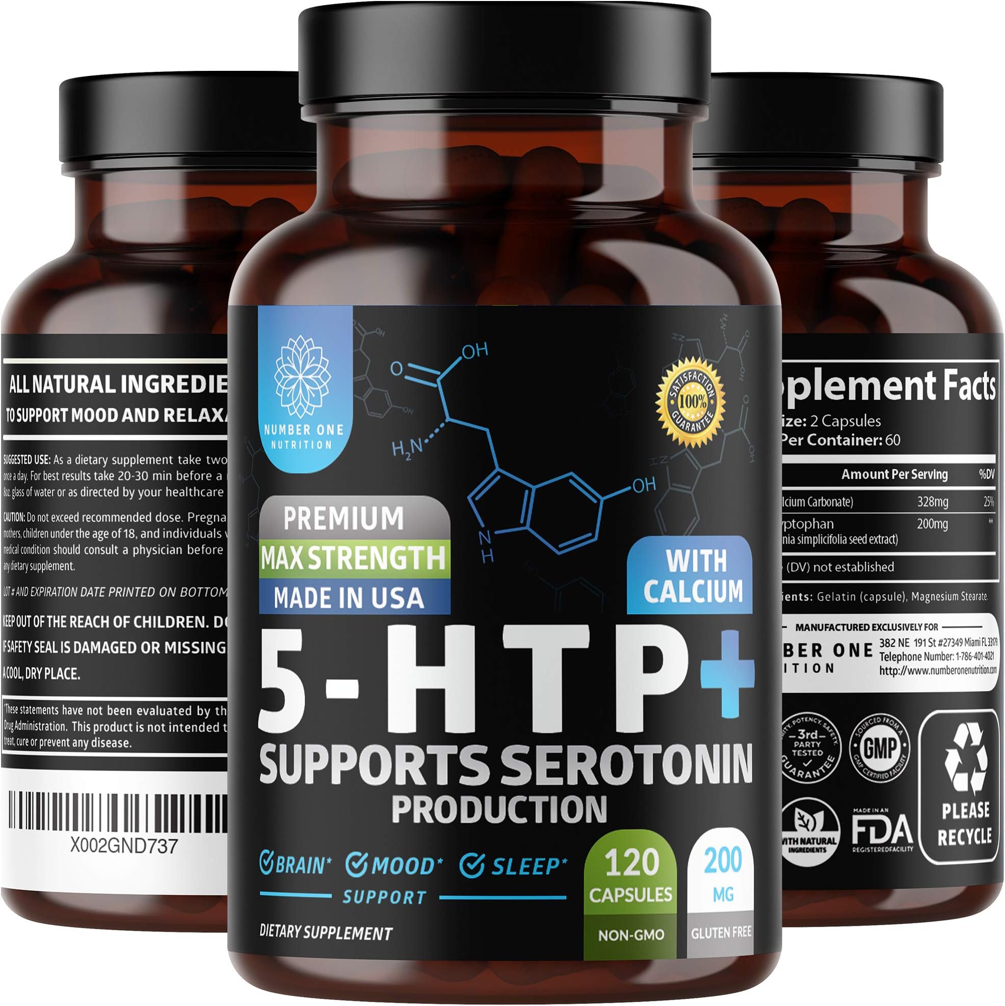 N1N Premium 5-HTP Plus Calcium [Max Purity & Strength] Enhanced with Serotonin Synthesizers for Deeper Sleep, Positive Mood & Brain Functions, 120 Veg Caps