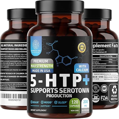N1N Premium 5-HTP 200 mg más calcio para dormir y apoyar el estado de ánimo, de extracto de semillas de Griffonia, sin OMG y sin gluten, 120 cápsulas