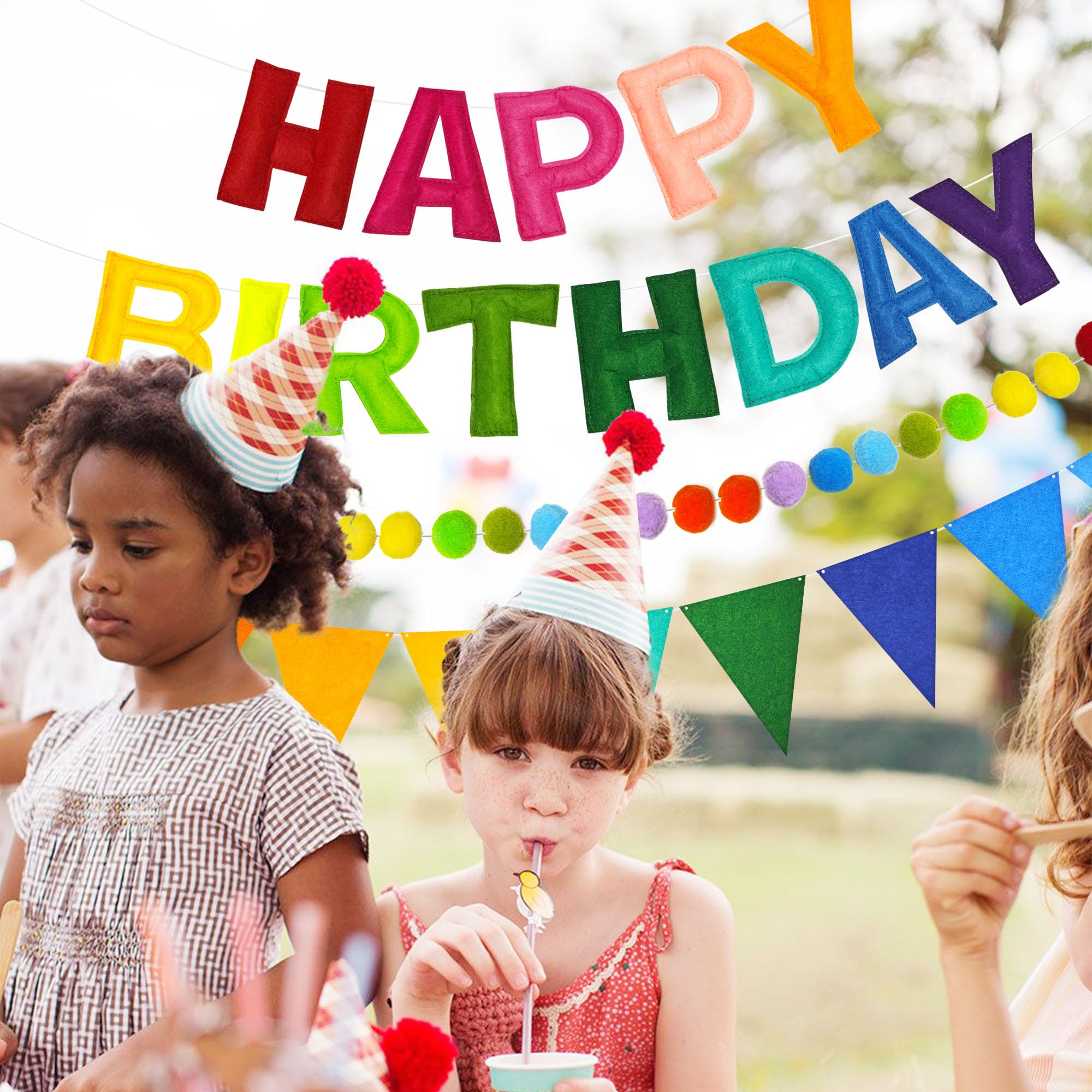 Cartel de feliz cumpleaños preencordado, guirnalda de bolas de fieltro, guirnalda de feliz cumpleaños, letras y bolas de fieltro natural reutilizables hechas a mano para decoración de fiesta de