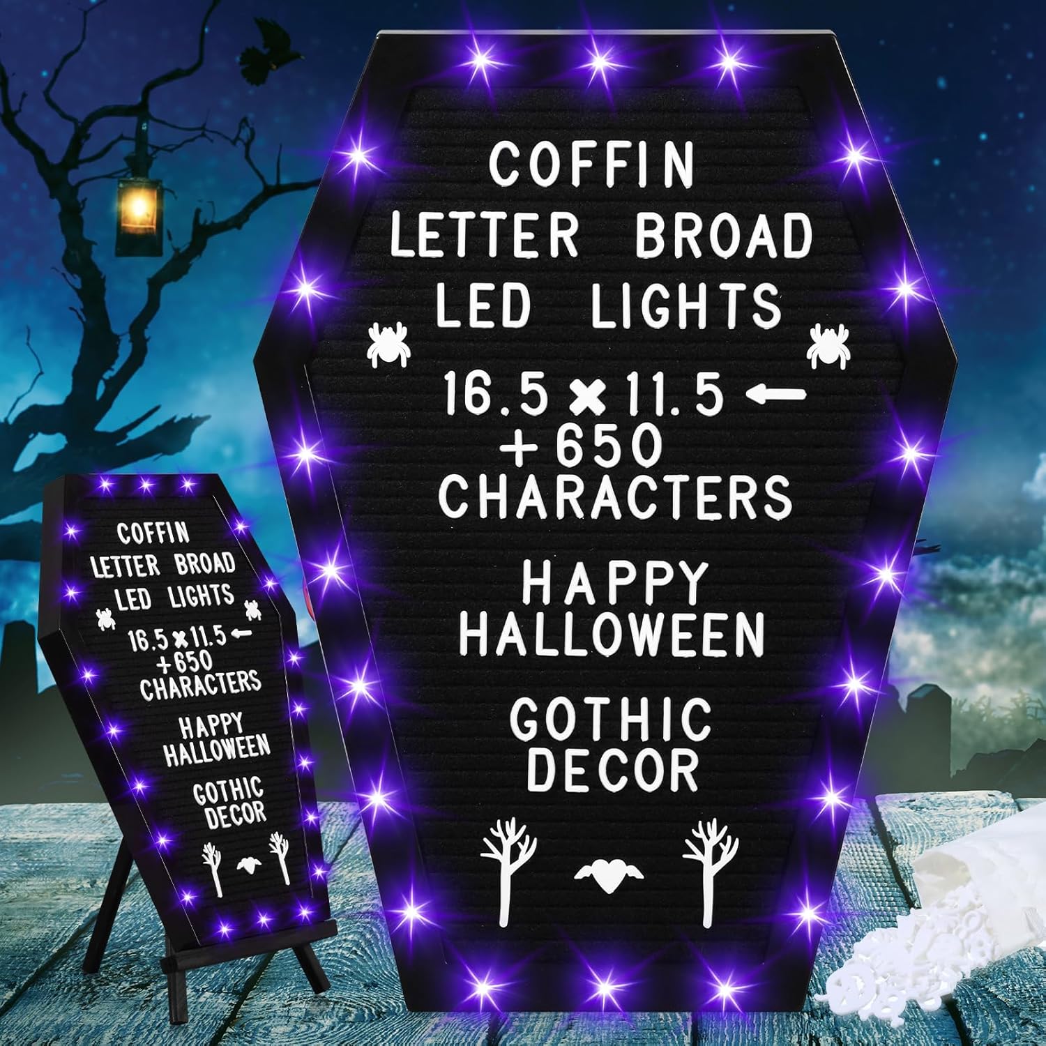 Sintuff Coffin Letter Board with Stand Built in LED Lights, 620 Characters, Halloween Style Changeable Spooky Gothic Letter Board Decor for Home, Office, Bistro(Purple LED Light)