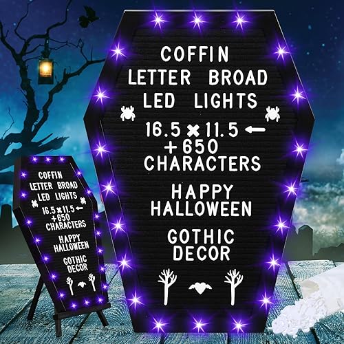Sintuff Tablero de letras de ataúd con soporte, luces LED integradas, 620 caracteres, estilo de Halloween, decoración de tablero de letras gótico