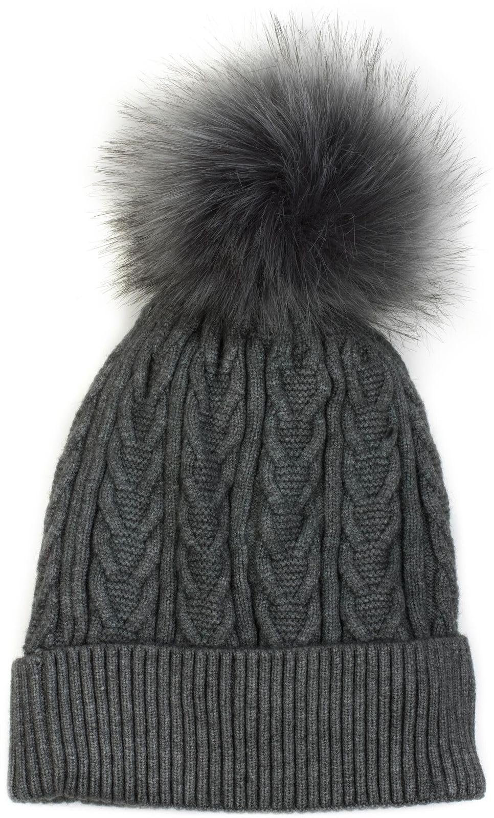 styleBREAKER Women's fine Knit pom pom Beanie with Cable Pattern, Faux Fur pom Beanie, Lined Winter Knit Beanie 04024100, Colour:Dark Grey