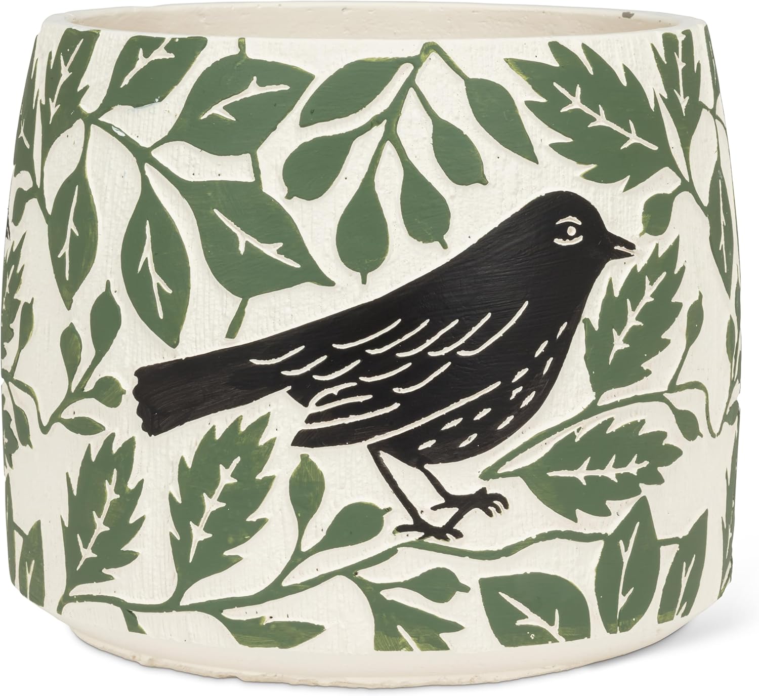 Abbott Collection Large Crow & Leaves Planter - Cement, Black/Green (8" D Opening)