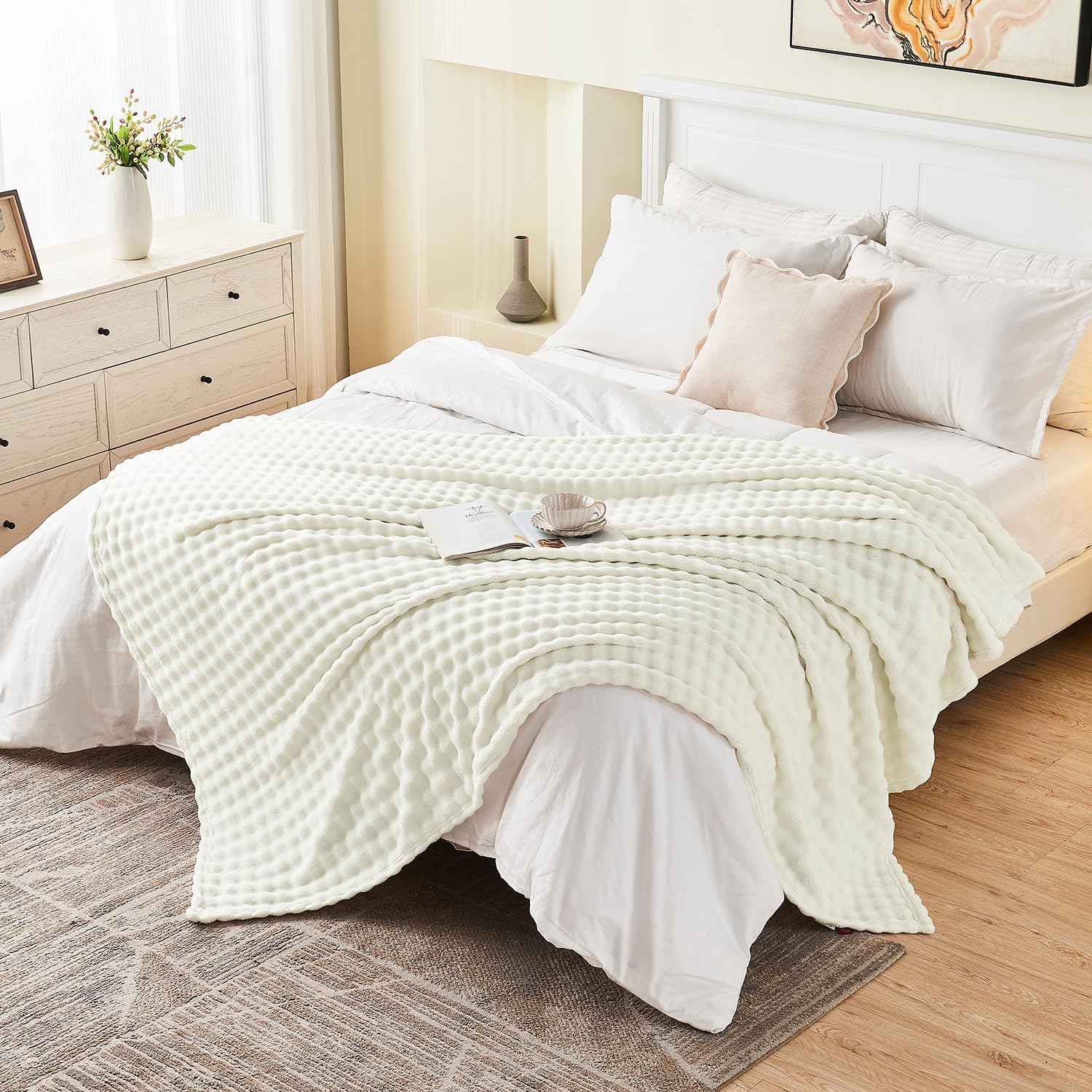 SOCHOW Cream White Bubble Fleece Blanket for Couch, Super Soft Cozy Cute Throw Blanket for Women, Decorative Fuzzy Flannel Blanket, 60 x 80 Inches - Image 6