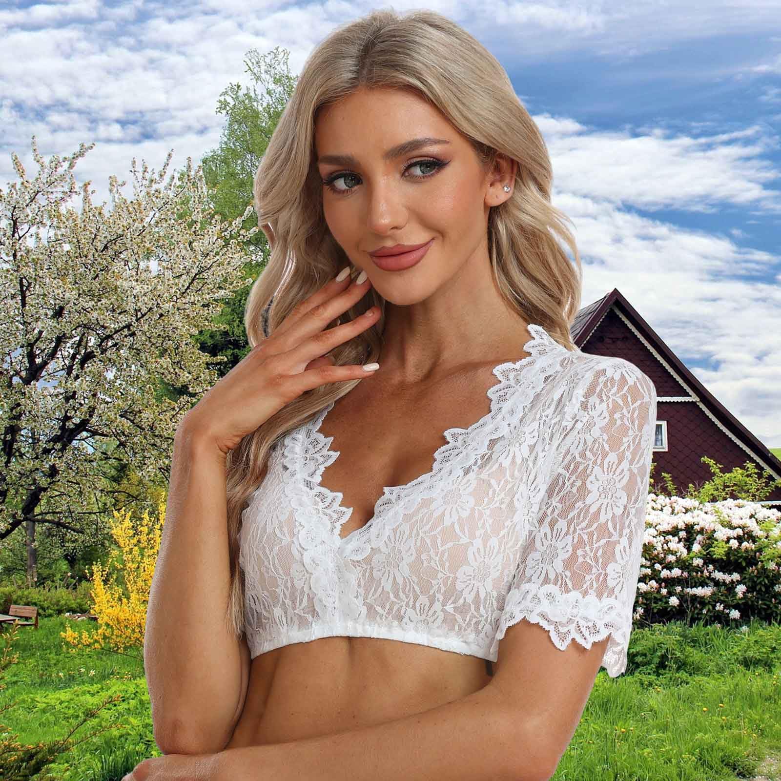 Jecarden Damen Dirndlbluse Spitze Trachten Dirndlbluse Kurzarm Oktoberfest Dirndlblusen Halbarm Tracht Bluse Weiß/Schwarz (34-48)
