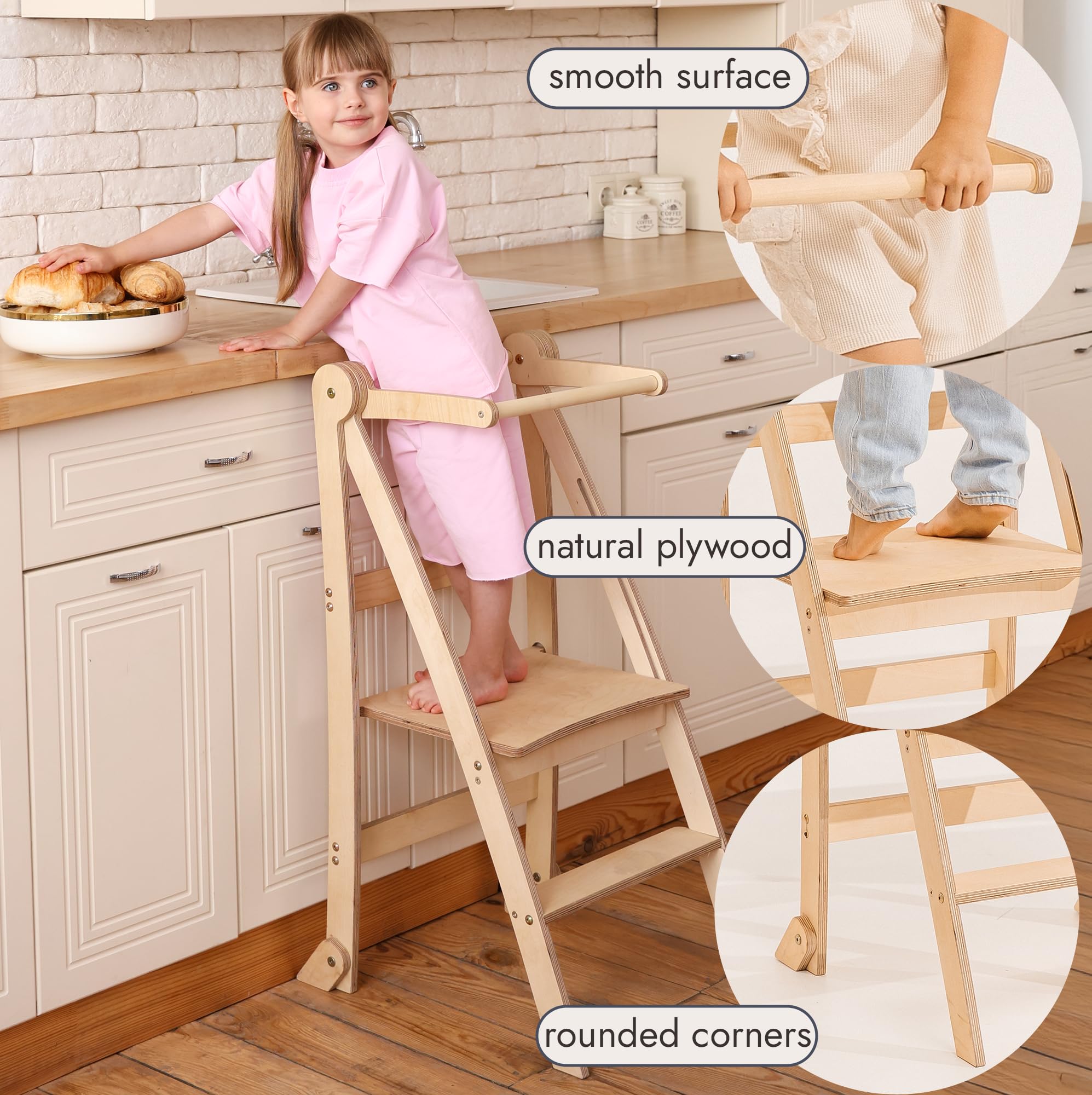 Montessori Learning Tower in legno, torre di apprendimento pieghevole per bambini, salvaspazio, anti-ribaltamento, antiscivolo, sgabello per cucina e bagno, design sottile