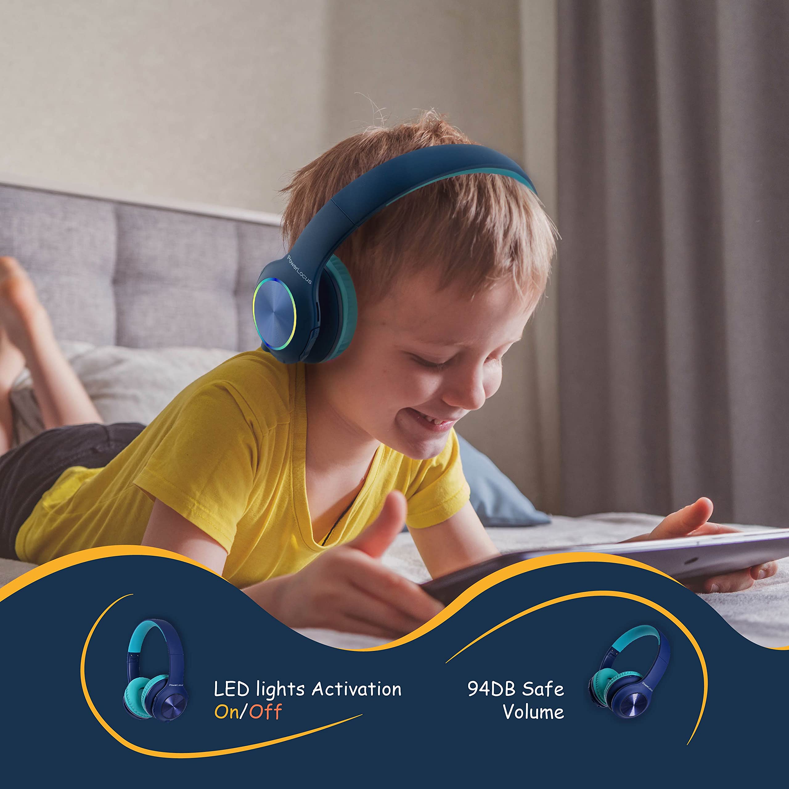 PowerLocus Cuffie Bluetooth pieghevoli senza fili per bambini con luci LED, HD Stereo, USB-C Ricarica Rapida, Micro integrato, SD Modalità e cablata per iPhone/Tablet/TV