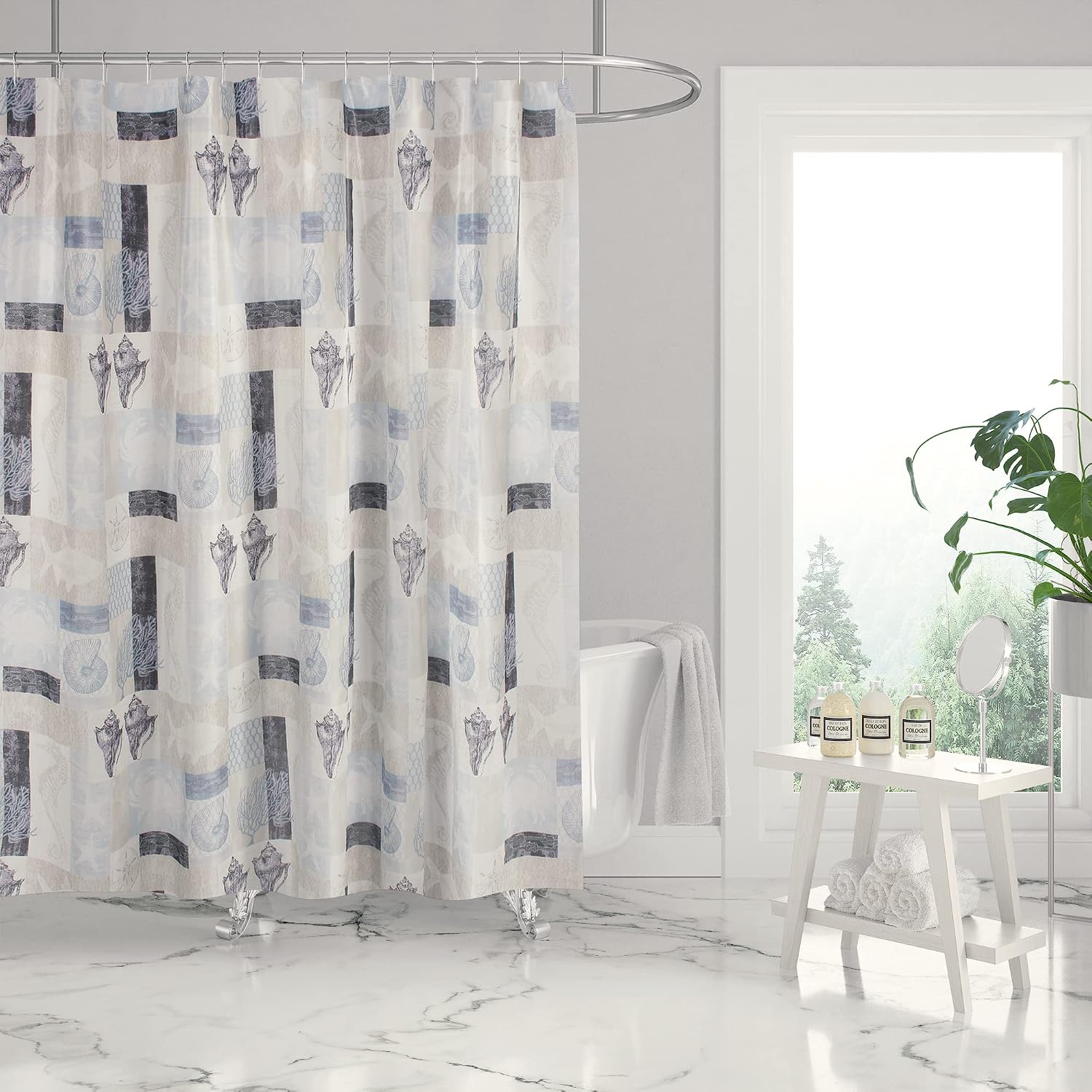 Levtex Home - Cerralvo - Shower Curtain (72x72in.) with Button Holes - Coastal Patchwork - Taupe, Cream, Navy, and Blue