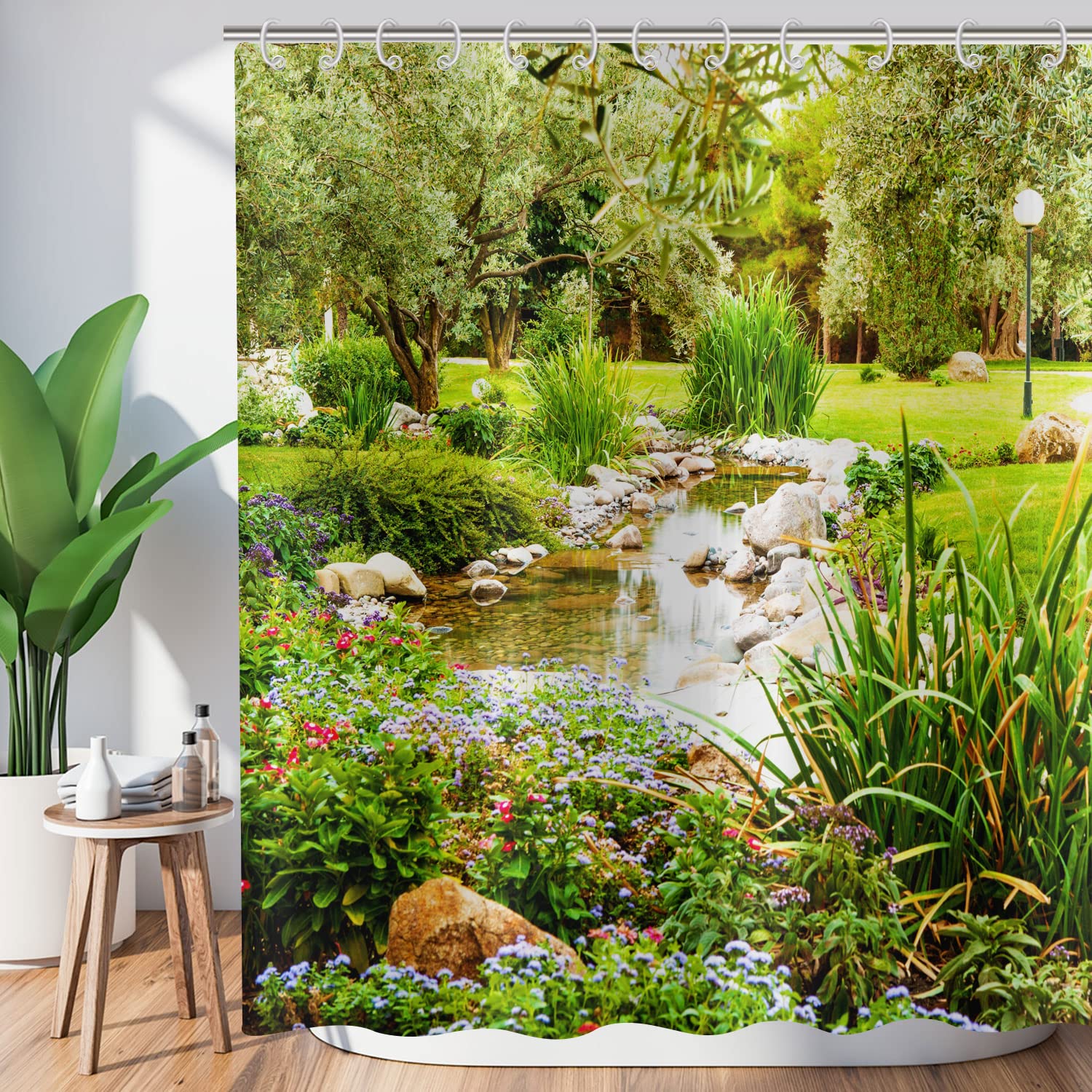 Garden Shower Curtain 150x180, Hnmdmyi Green Shower Curtains 3D Outdoor Scenery Picture Nature Green Leaf Floral Woodland Bathroom Curtains with Hooks Waterproof Polyester Fabric Washable Bath Curtain
