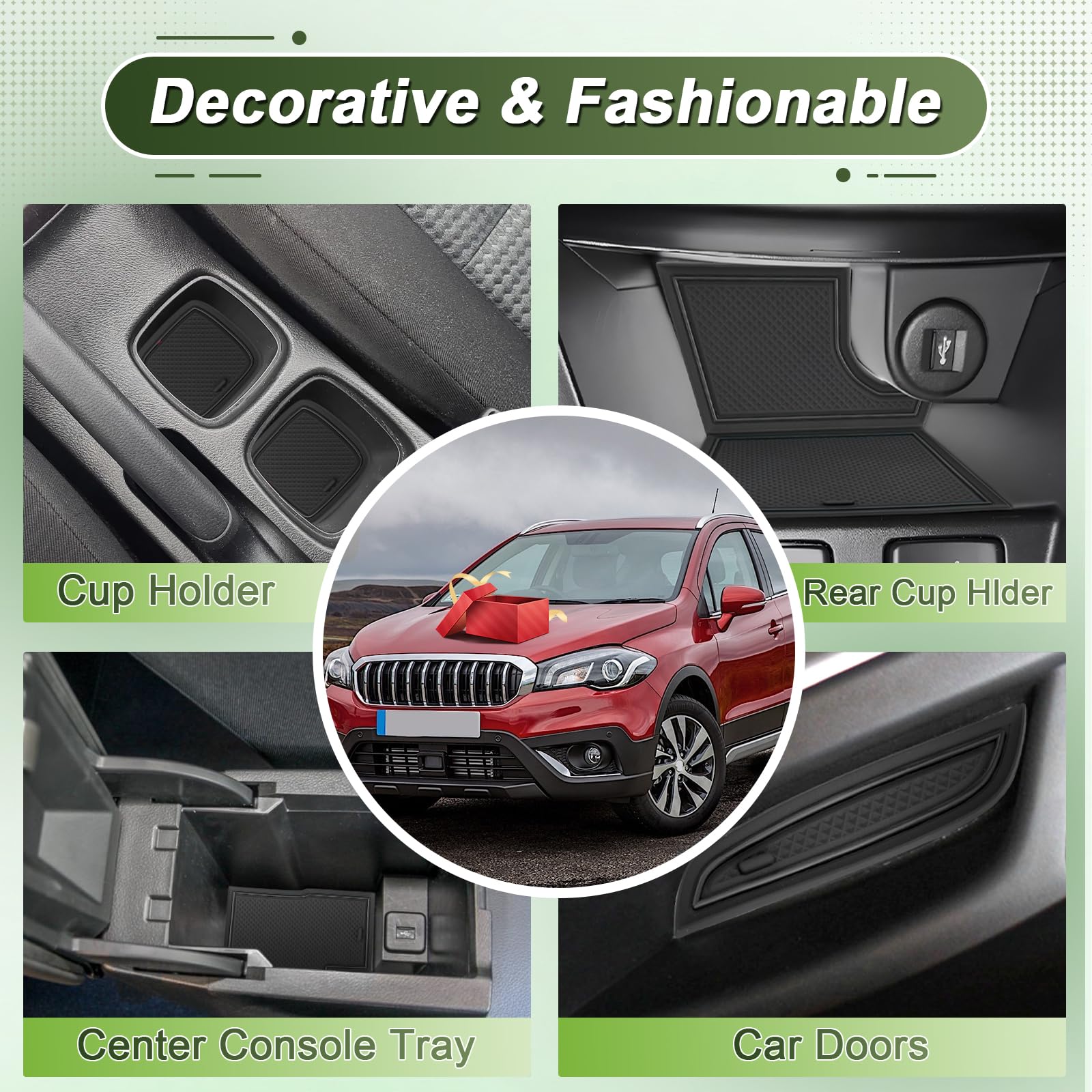 Tappetini Antiscivolo per Suzuki S-Cross III 2021 2022 2023 2024 2025 2026, Suzuki S Cross Hybrid 4x4 Tappetini in Gomma per Console, Portabicchieri, Vani Portaoggetti delle Portiere (Nero)